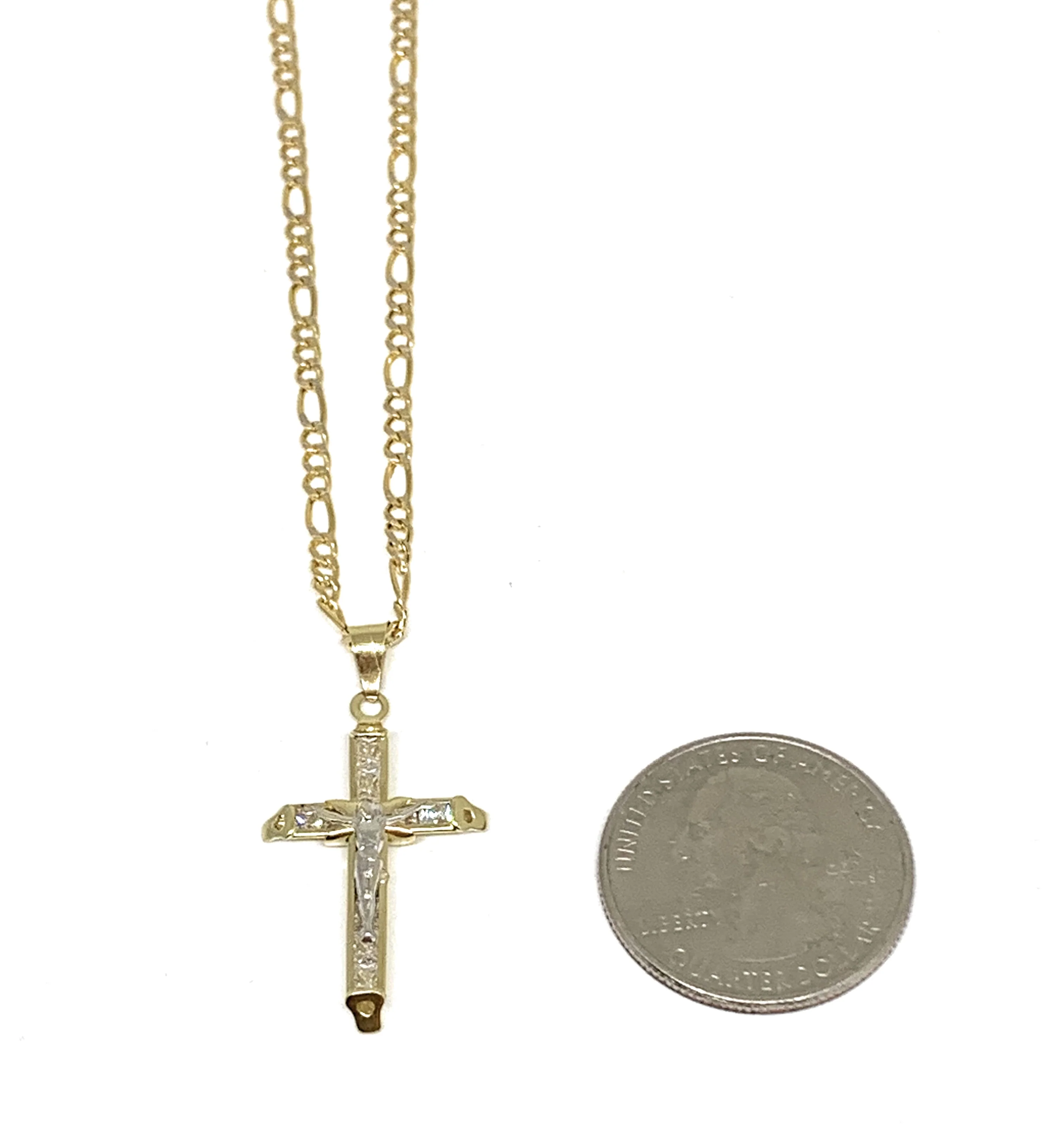 10k Solid Gold Yellow 2-Tone Jesus CZ Stone Cross Crucifix Pendant Necklace - Image 2