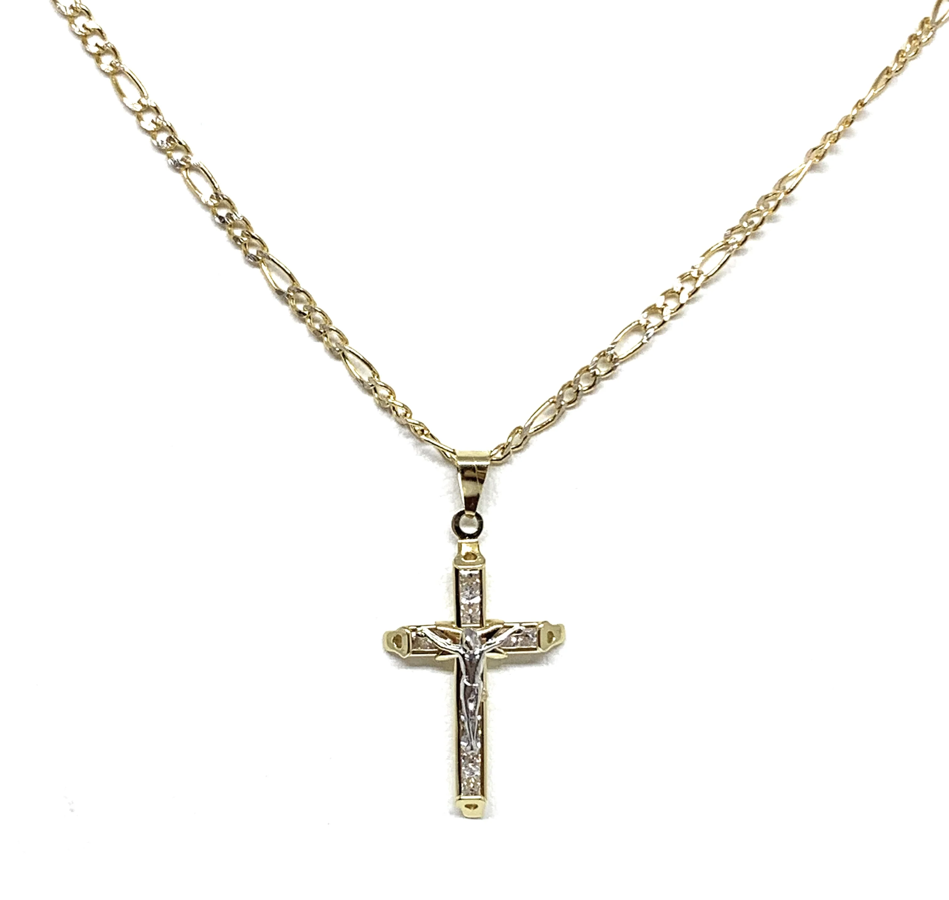 10k Solid Gold Yellow 2-Tone Jesus CZ Stone Cross Crucifix Pendant Necklace - Image 3