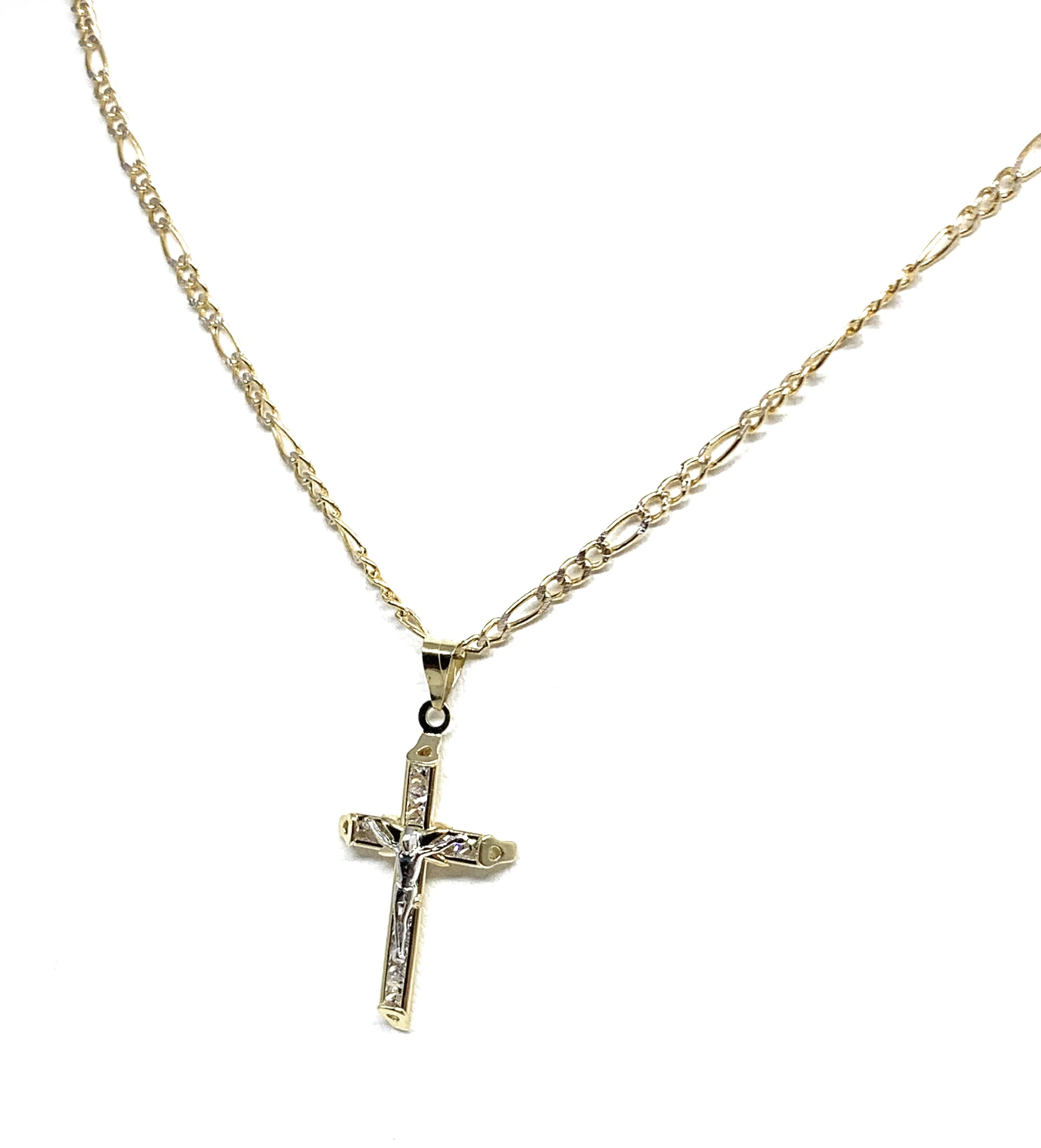 10k Solid Gold Yellow 2-Tone Jesus CZ Stone Cross Crucifix Pendant Necklace - Image 4