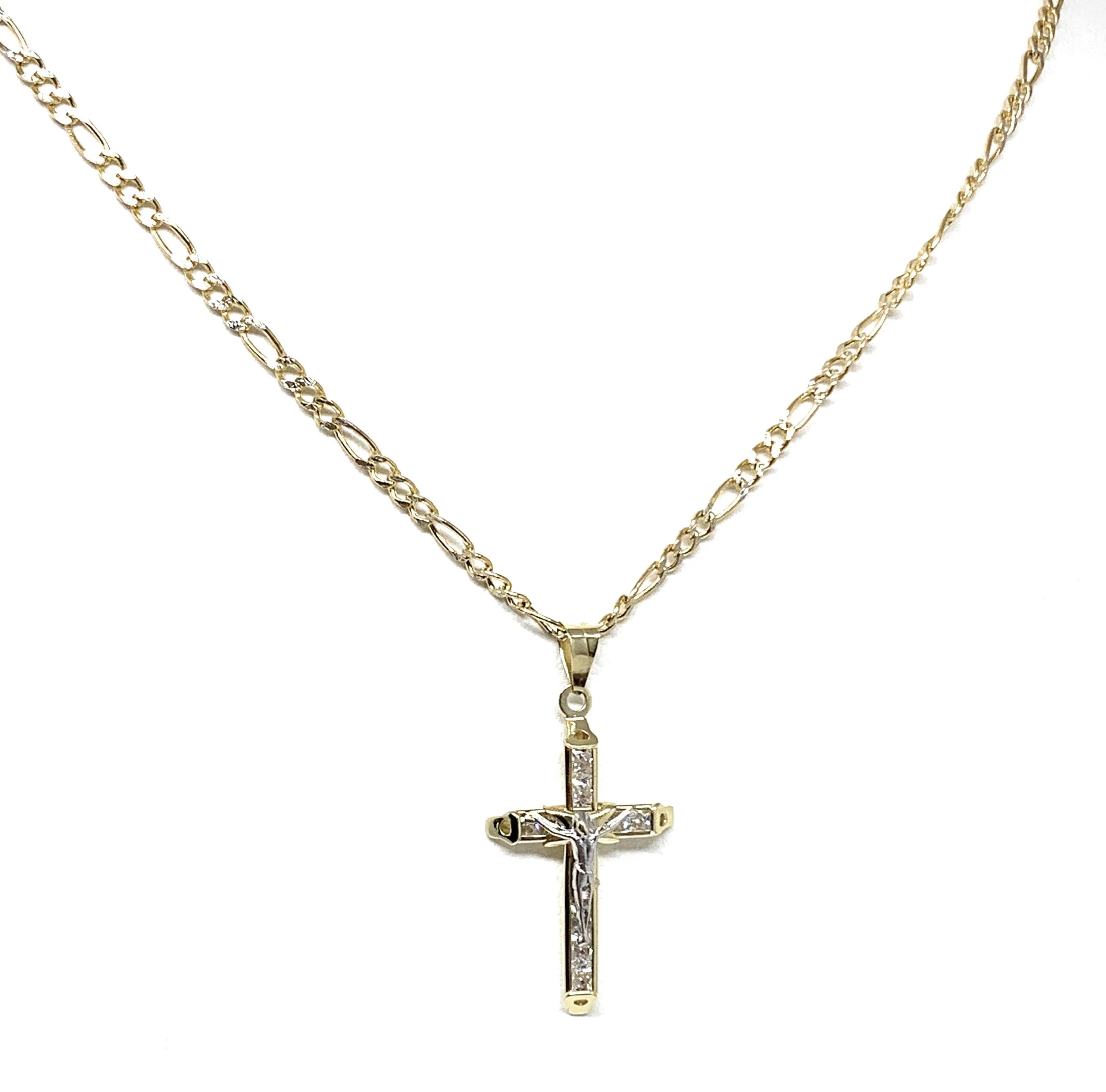 10k Solid Gold Yellow 2-Tone Jesus CZ Stone Cross Crucifix Pendant Necklace - Image 5