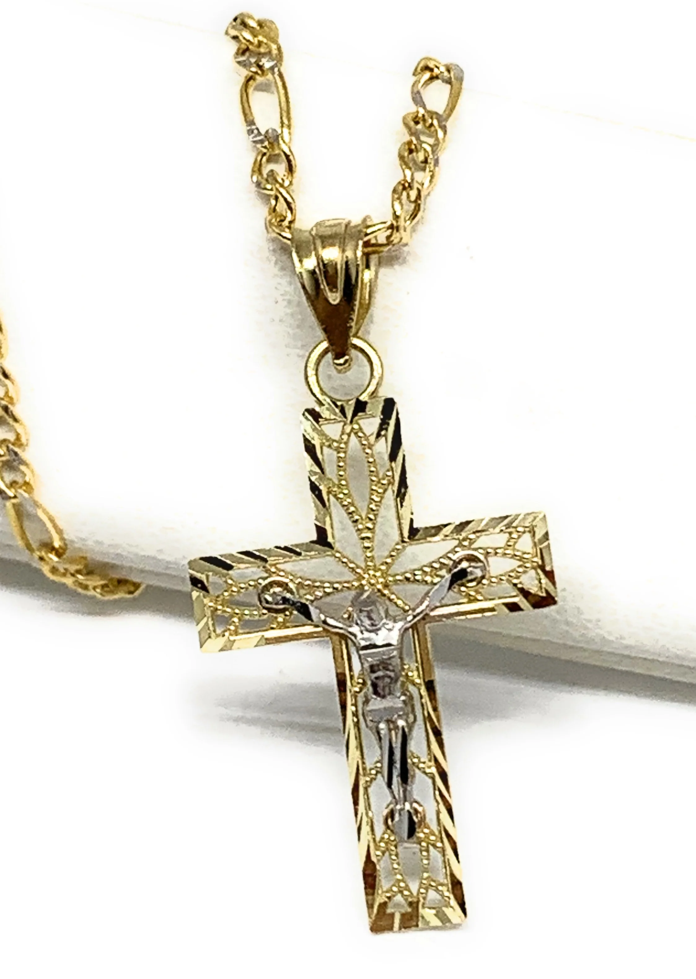 10k Solid Gold Yellow 2-Tone Jesus Filigran Design Cross Crucifix Pendant Necklace