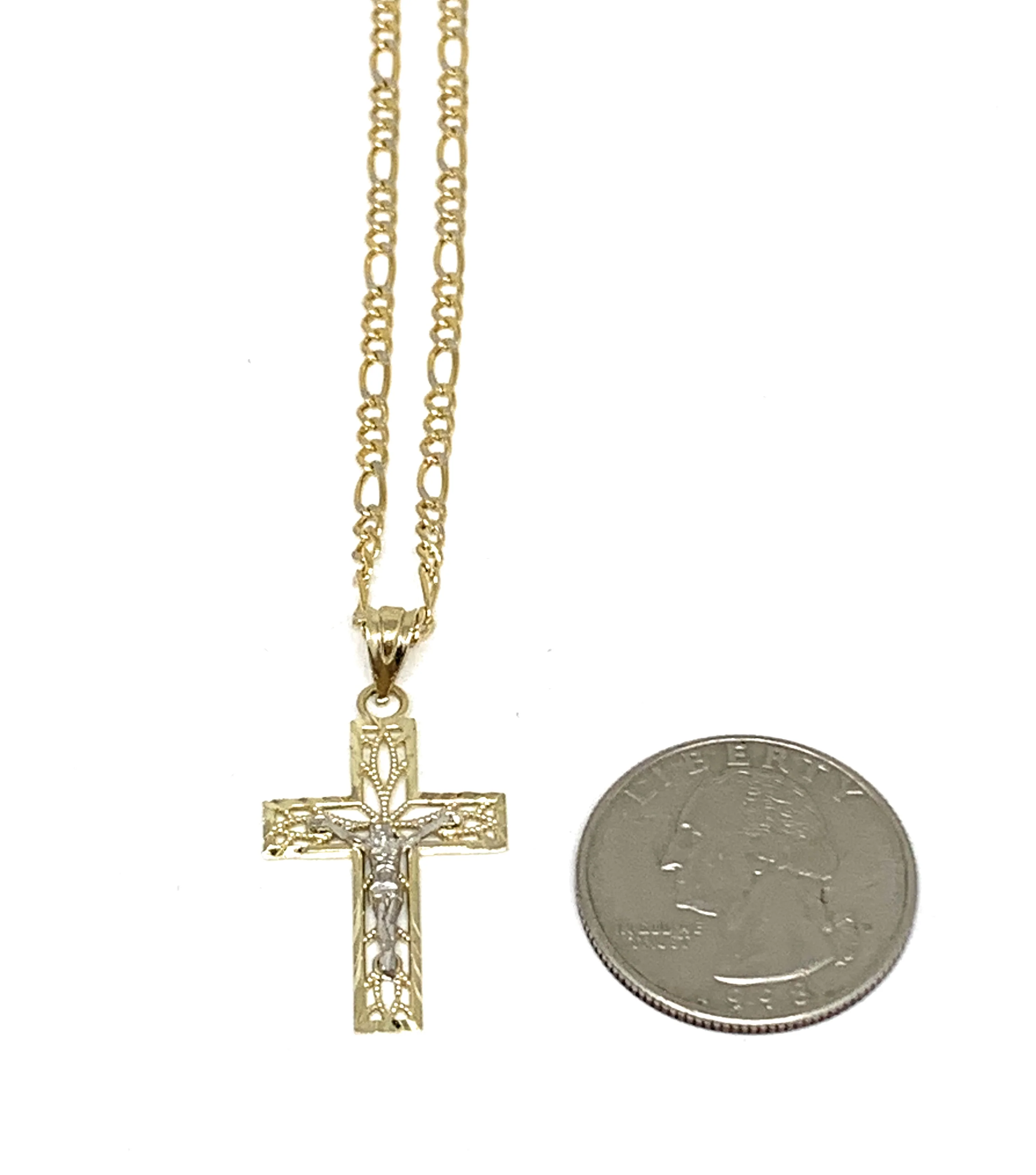 10k Solid Gold Yellow 2-Tone Jesus Filigran Design Cross Crucifix Pendant Necklace - Image 2