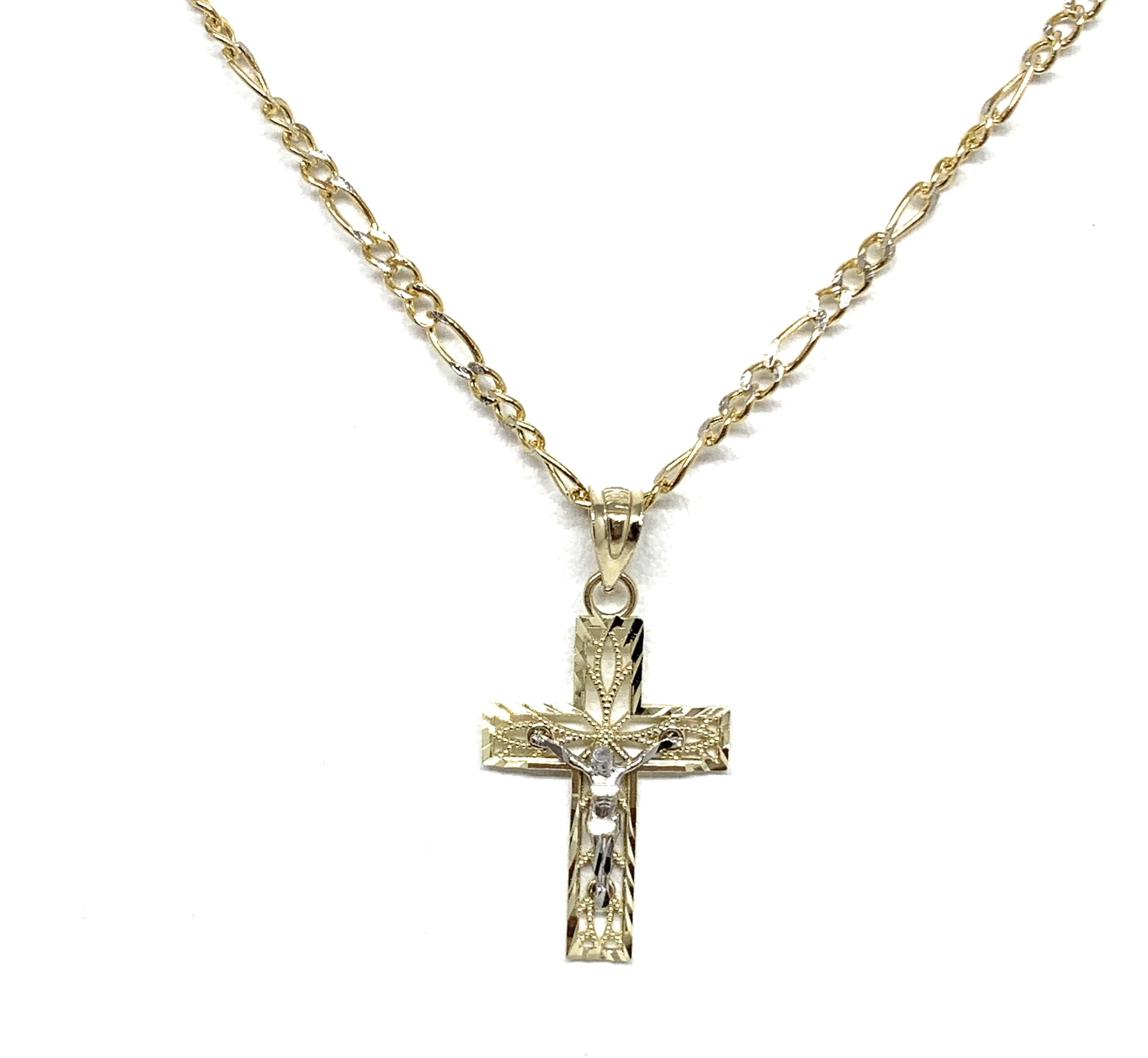 10k Solid Gold Yellow 2-Tone Jesus Filigran Design Cross Crucifix Pendant Necklace - Image 3