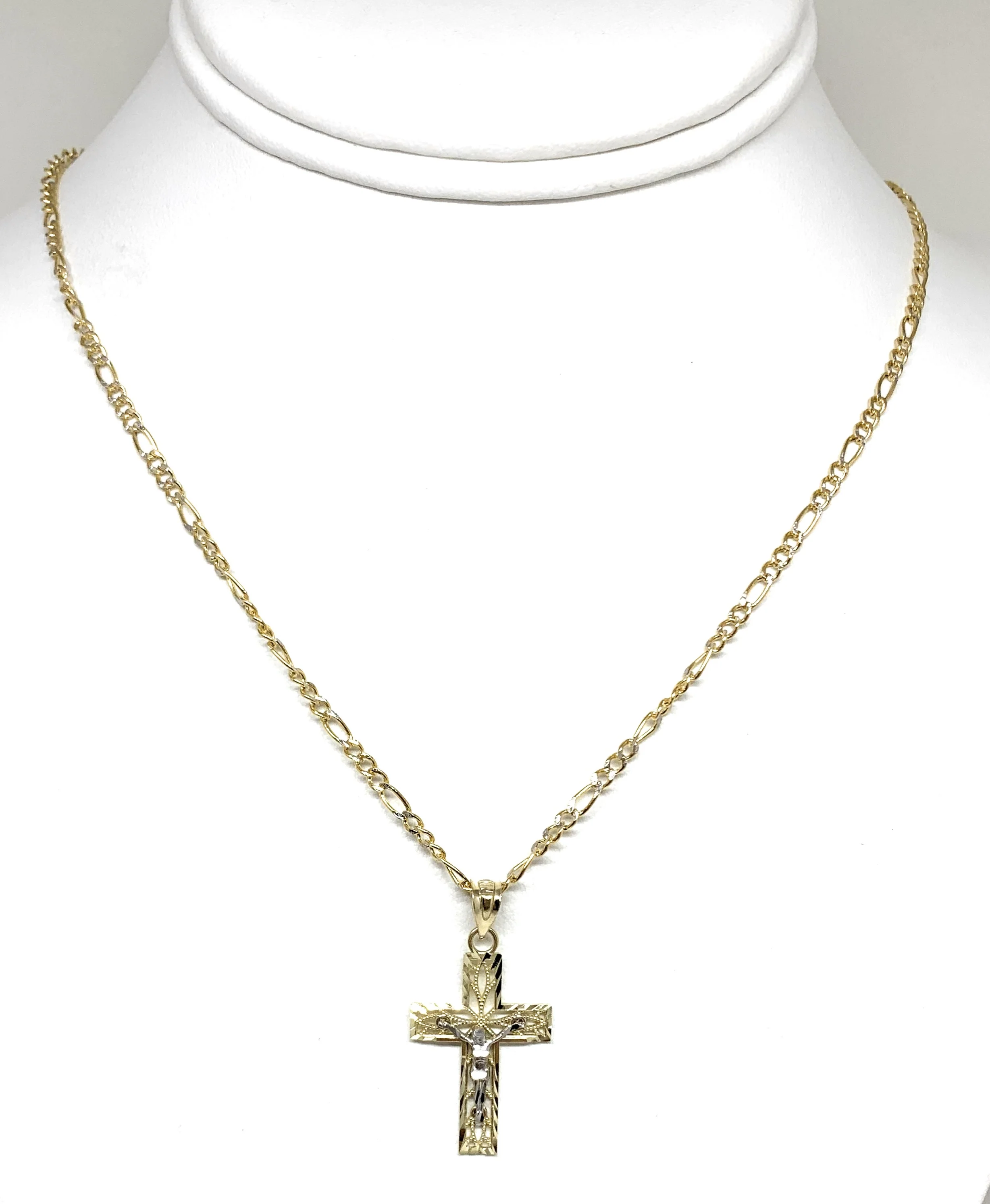 10k Solid Gold Yellow 2-Tone Jesus Filigran Design Cross Crucifix Pendant Necklace - Image 4