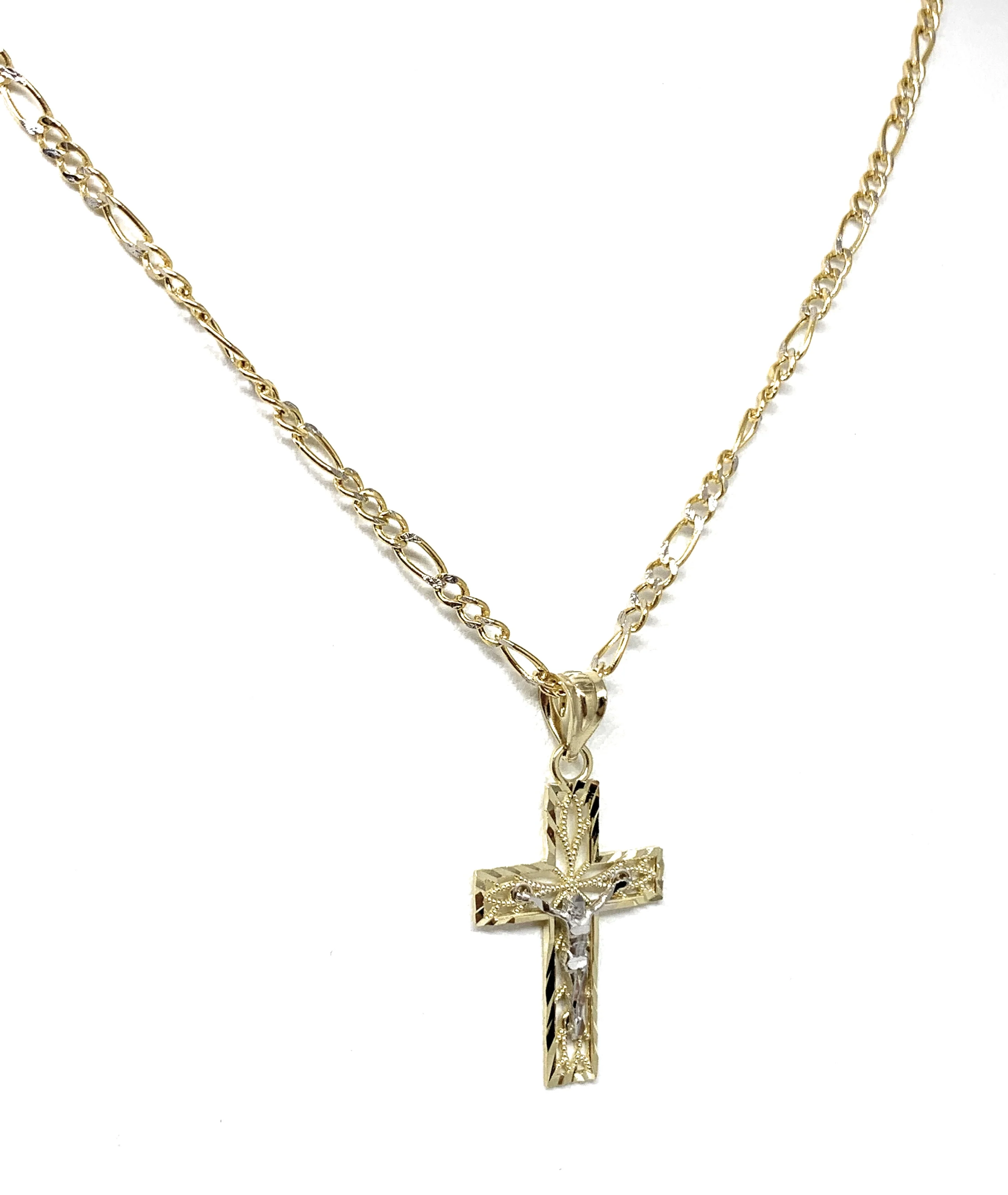 10k Solid Gold Yellow 2-Tone Jesus Filigran Design Cross Crucifix Pendant Necklace - Image 5