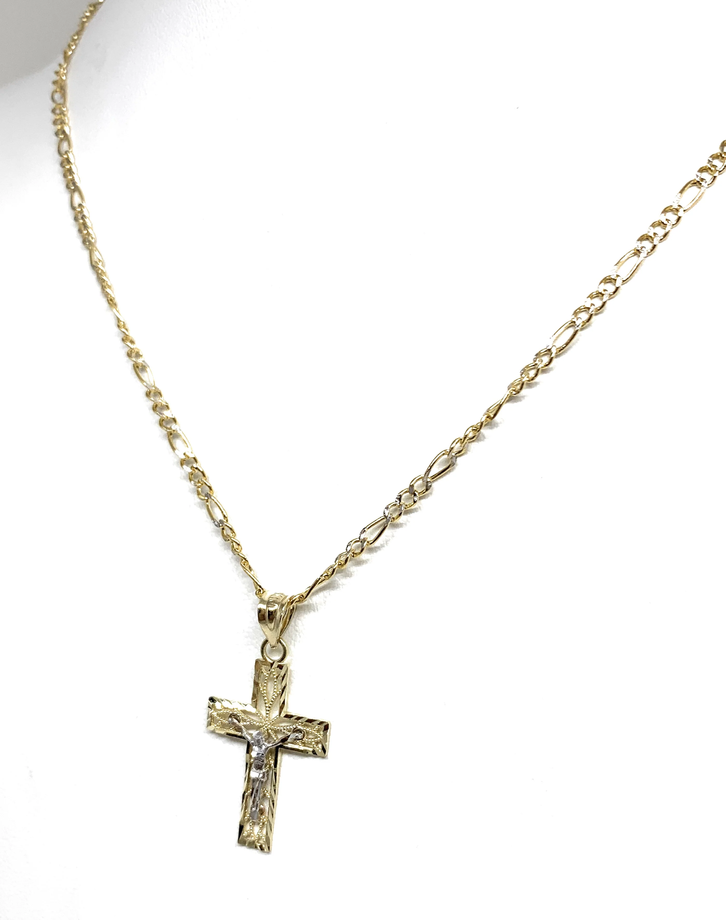 10k Solid Gold Yellow 2-Tone Jesus Filigran Design Cross Crucifix Pendant Necklace - Image 6