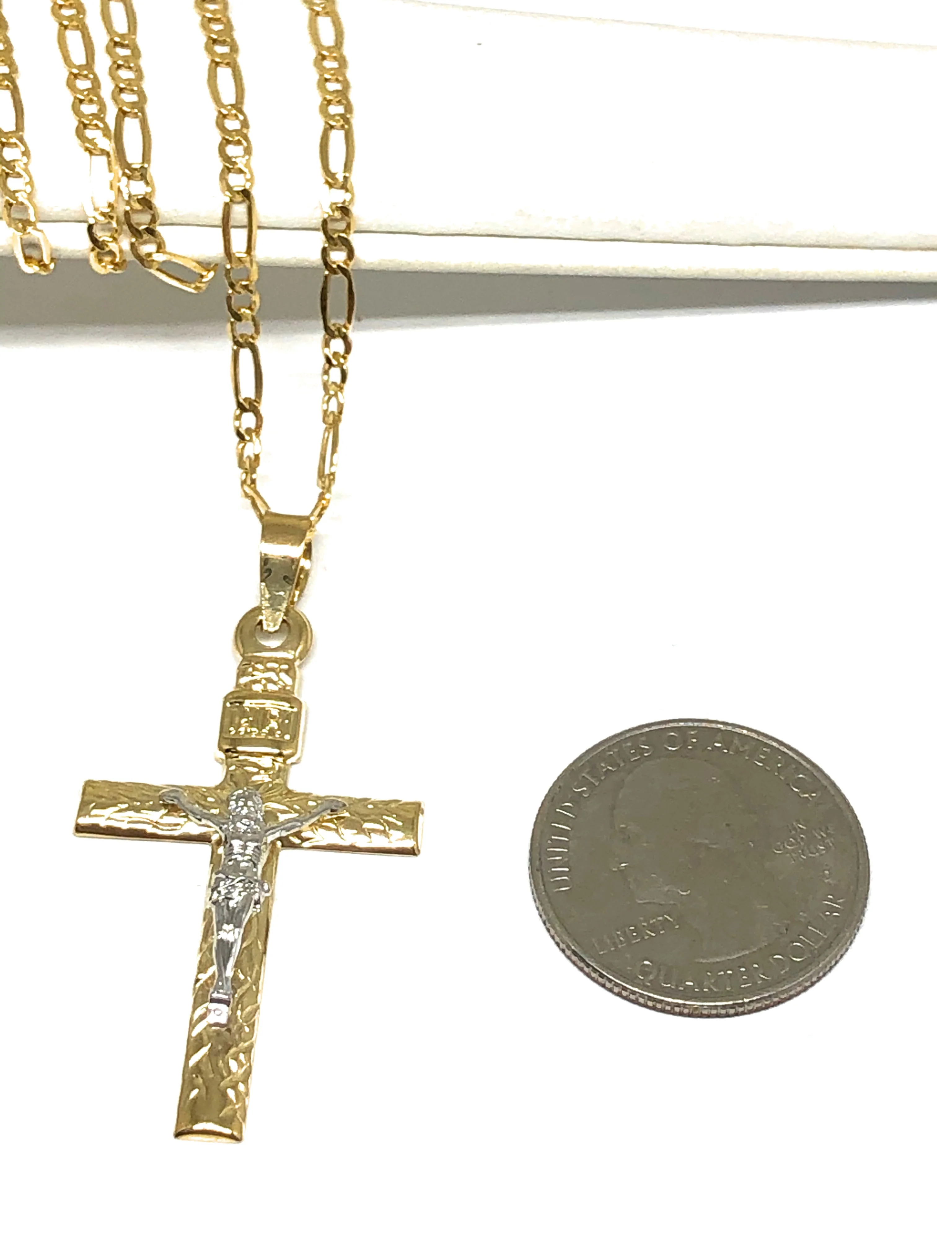 10k Solid Gold Yellow 2-Tone Jesus INRI Cross Crucifix Pendant Necklace (MADE IN MX) - Image 2