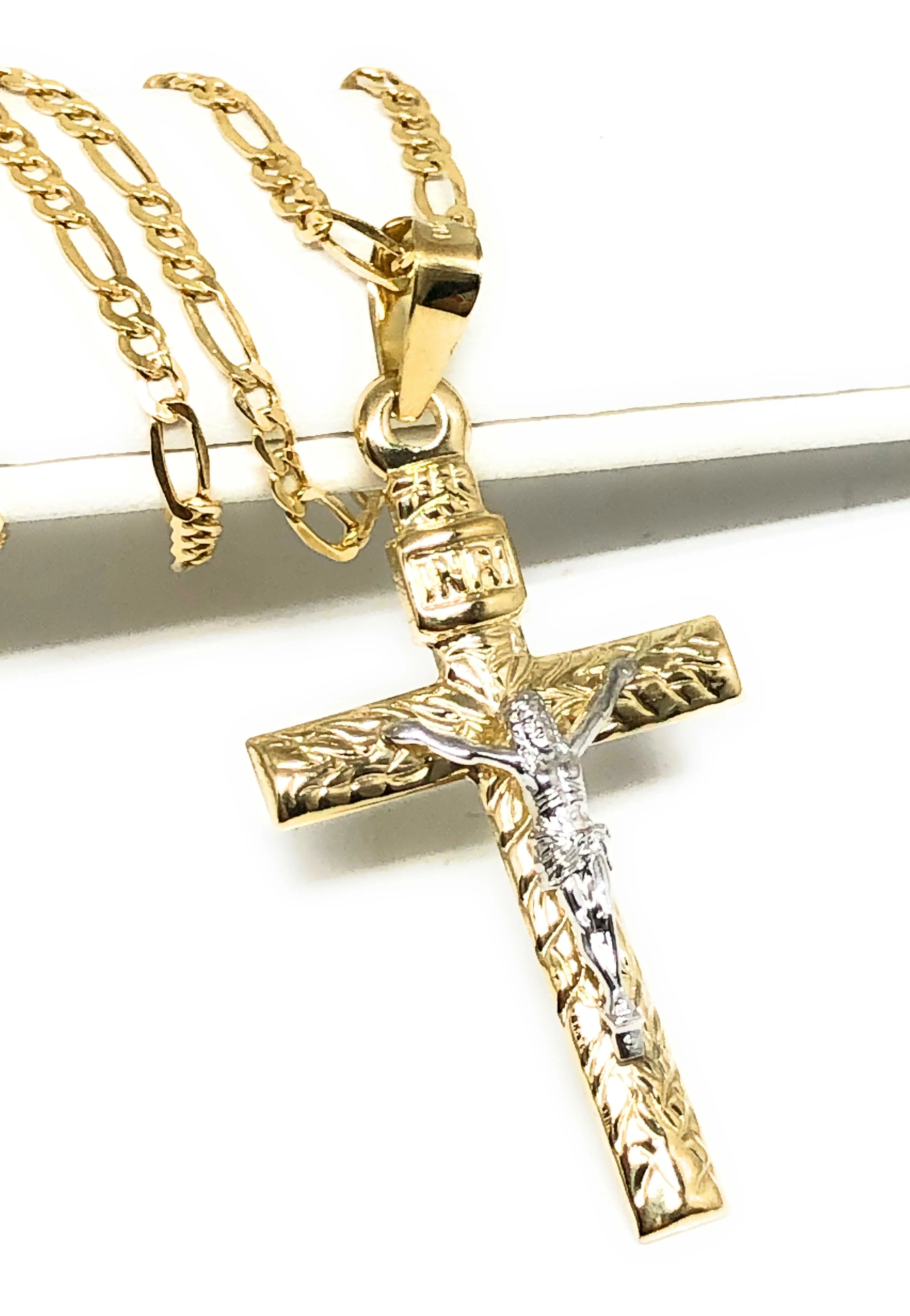10k Solid Gold Yellow 2-Tone Jesus INRI Cross Crucifix Pendant Necklace (MADE IN MX) - Image 3
