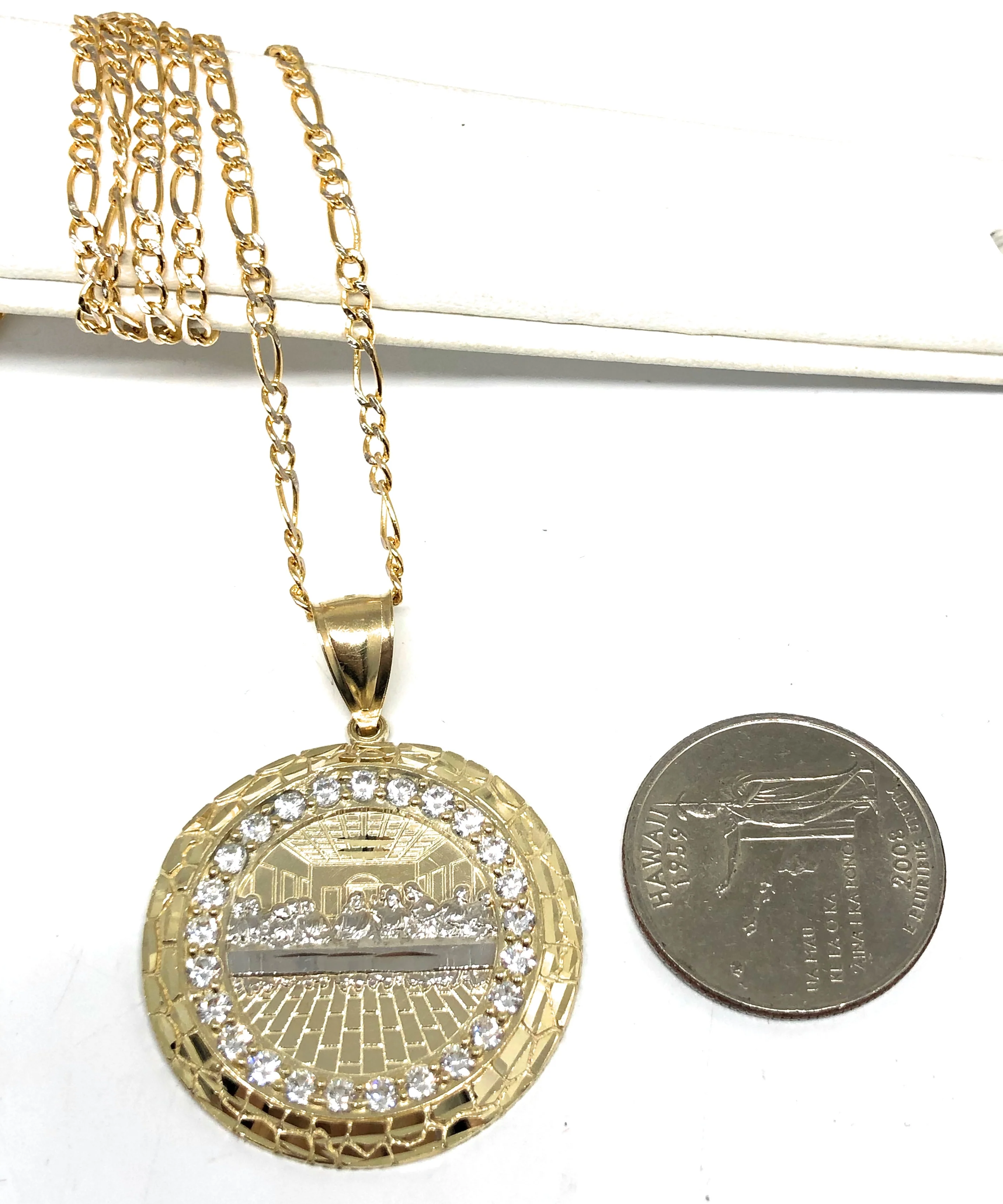 10k Solid Gold Yellow 2-Tone Jesus Last Supper CZ Pendant Necklace - Image 2