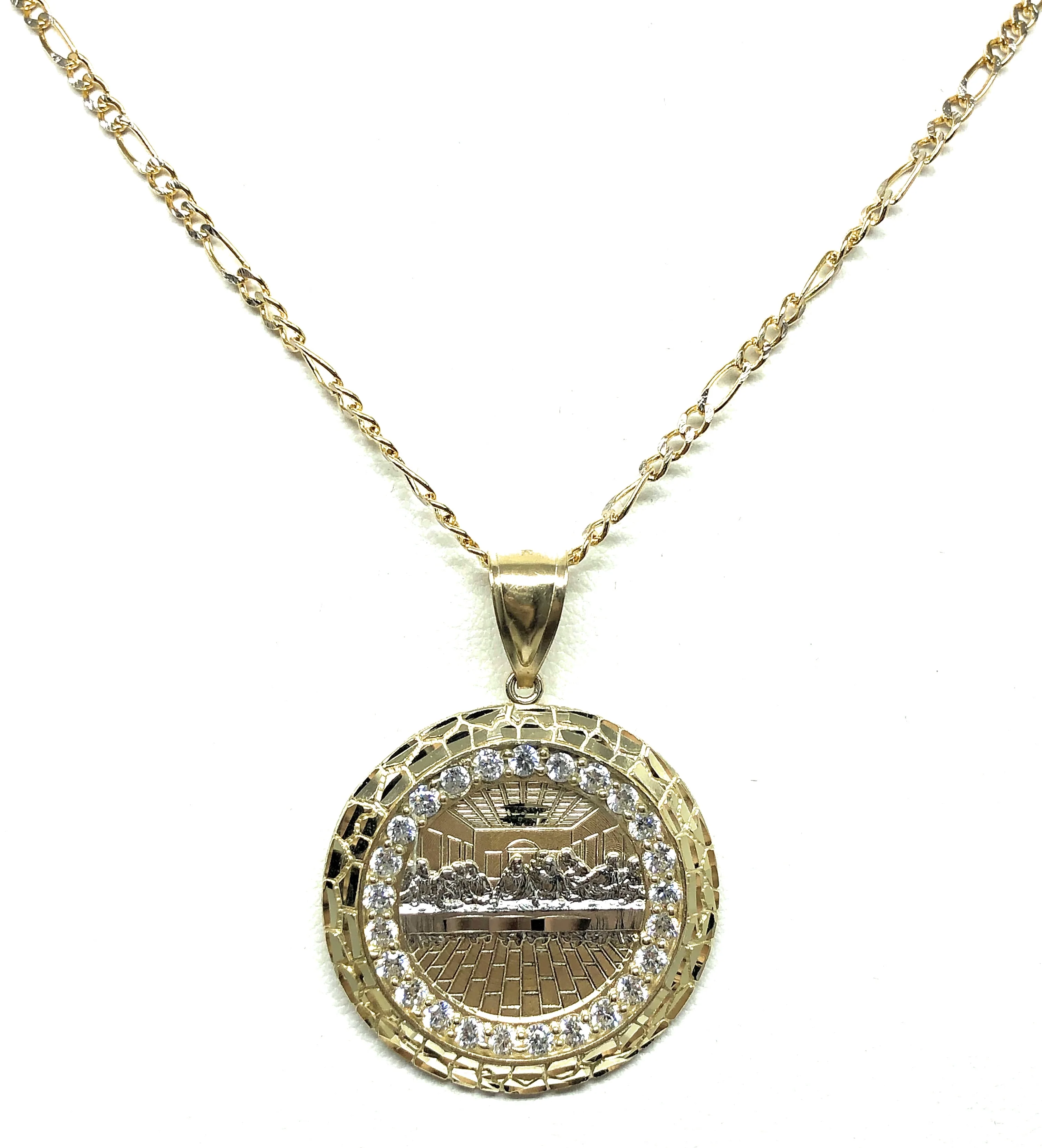 10k Solid Gold Yellow 2-Tone Jesus Last Supper CZ Pendant Necklace - Image 4