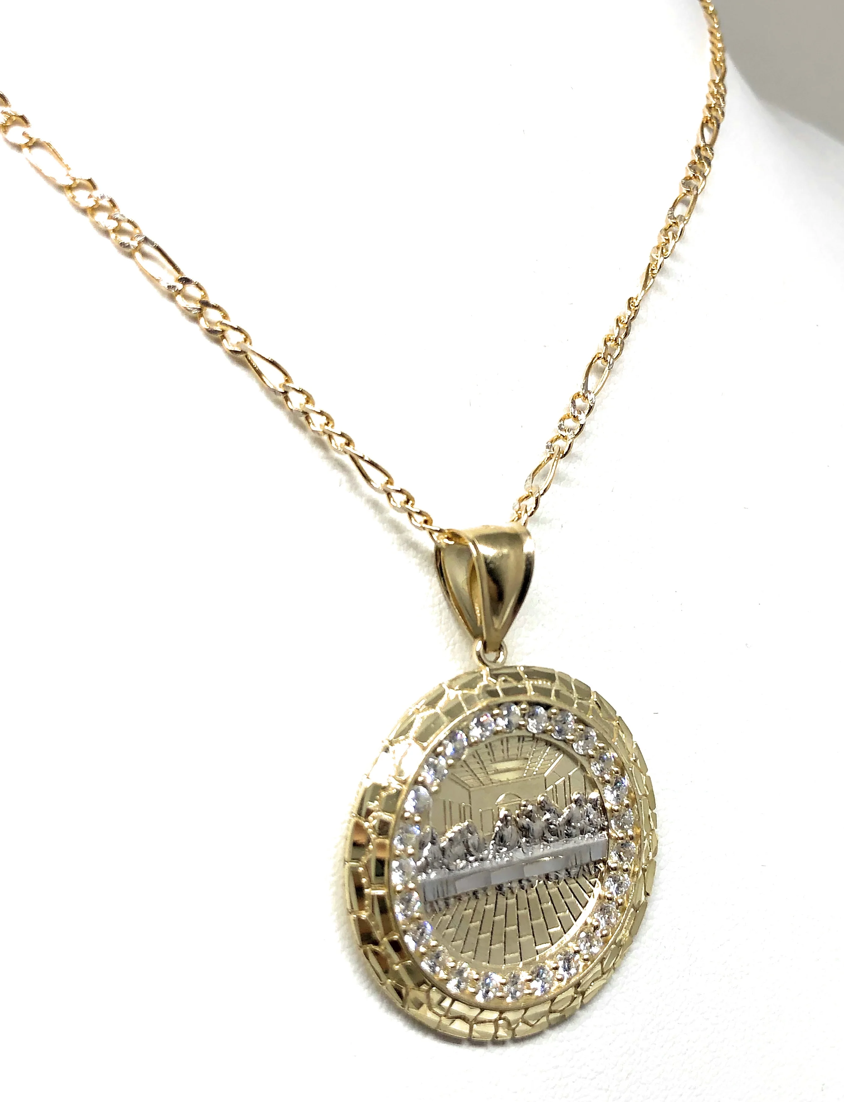 10k Solid Gold Yellow 2-Tone Jesus Last Supper CZ Pendant Necklace - Image 6