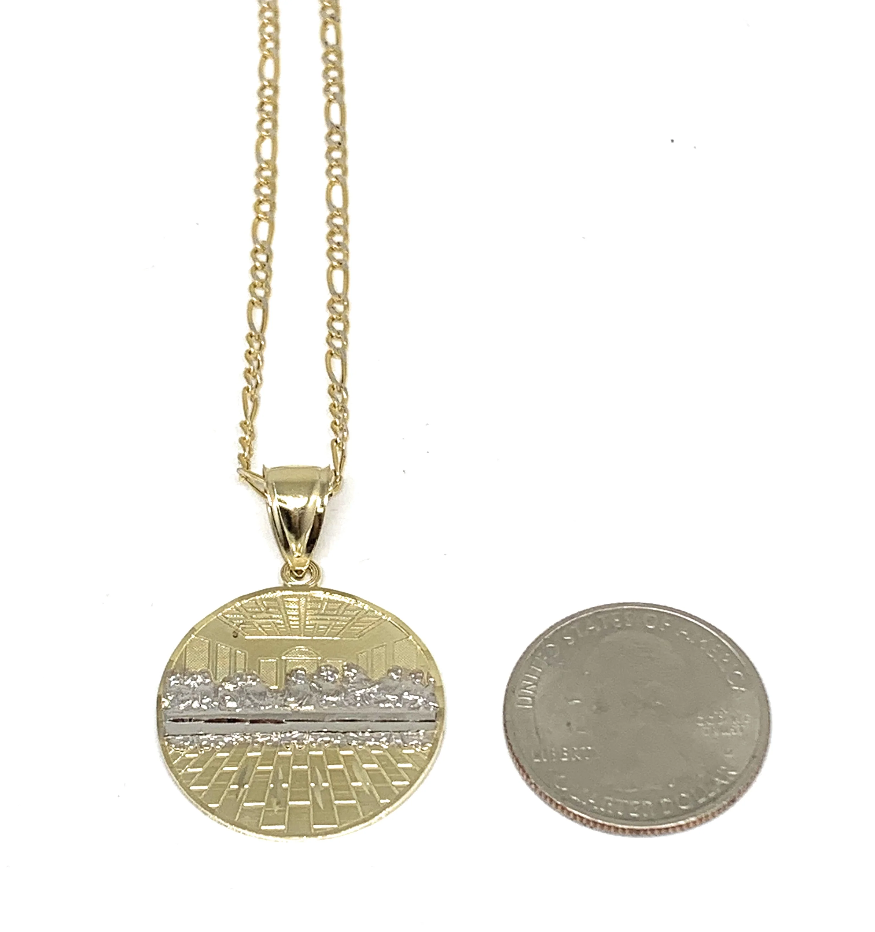 10k Solid Gold Yellow 2-Tone Jesus Last Supper Round Pendant Necklace - Image 2