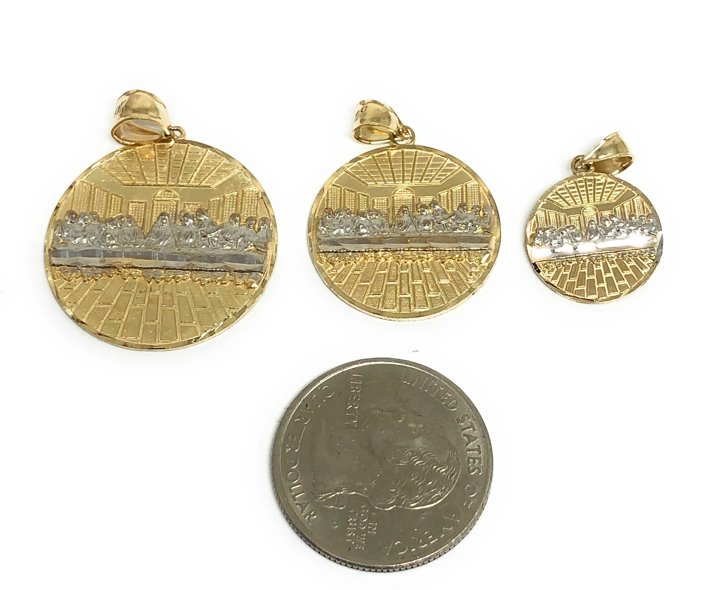 10k Solid Gold Yellow 2-Tone Jesus Last Supper Round Pendant Necklace (SM, MED, LG) - Image 2