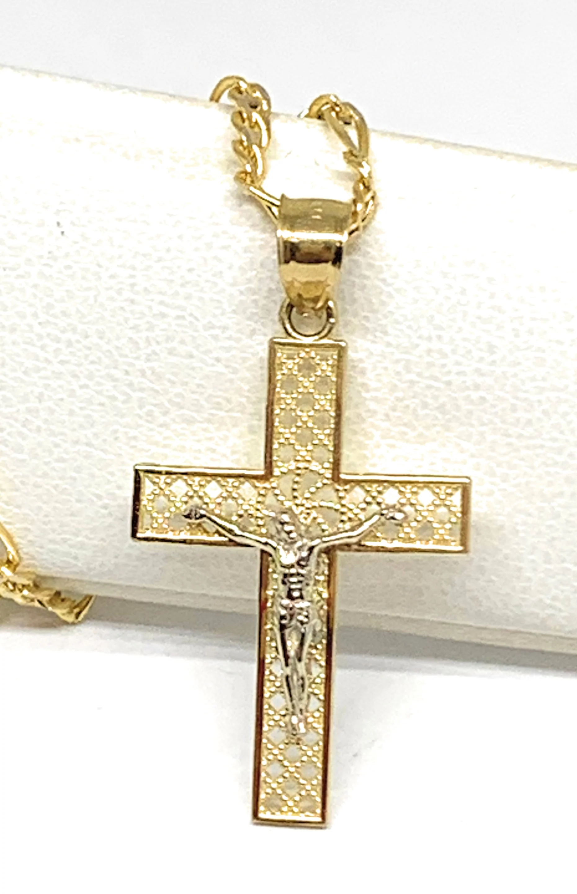 10k Solid Gold Yellow 2-Tone Jesus Layered Design SMALL Cross Crucifix Pendant Necklace