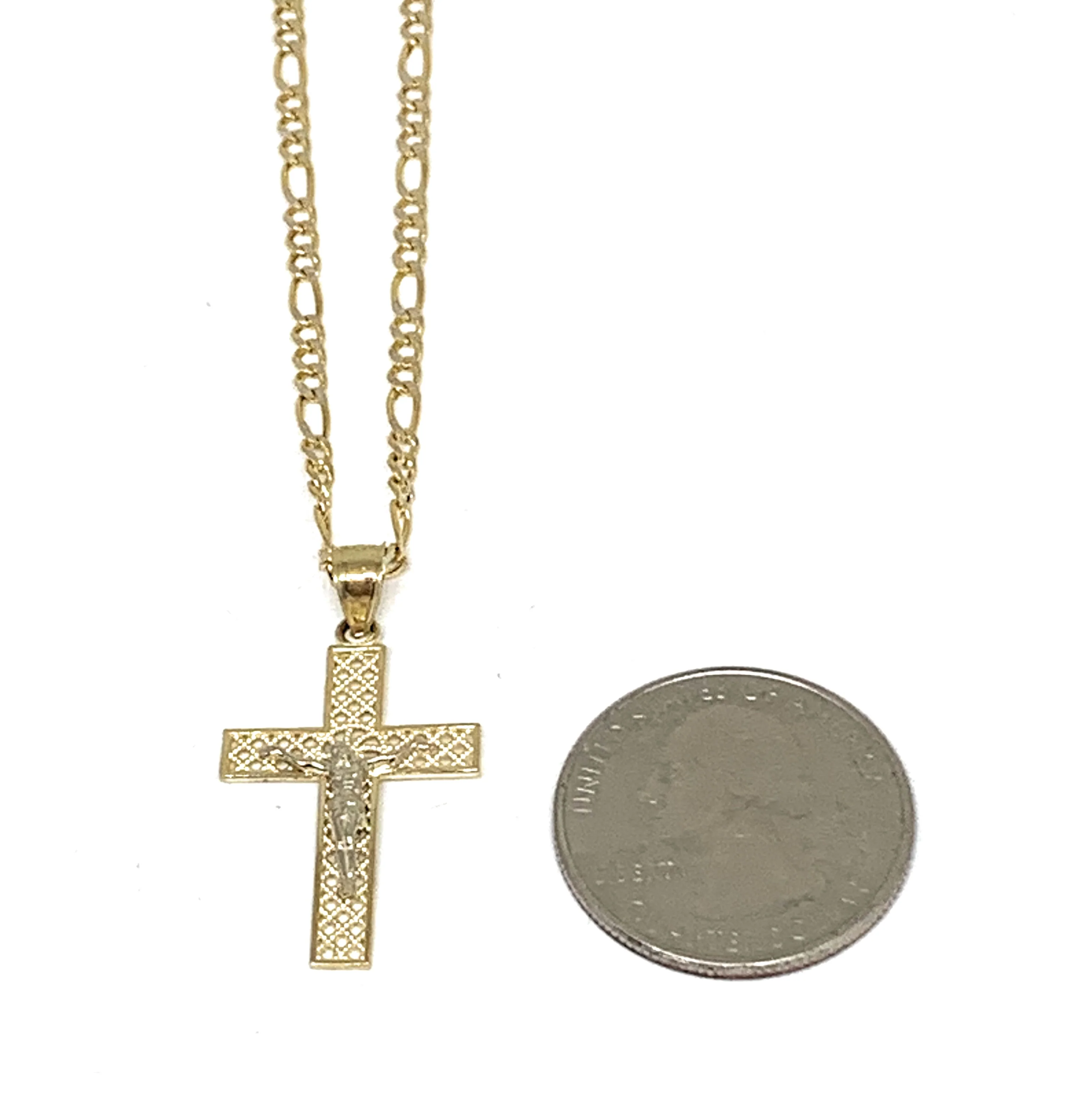 10k Solid Gold Yellow 2-Tone Jesus Layered Design SMALL Cross Crucifix Pendant Necklace - Image 2