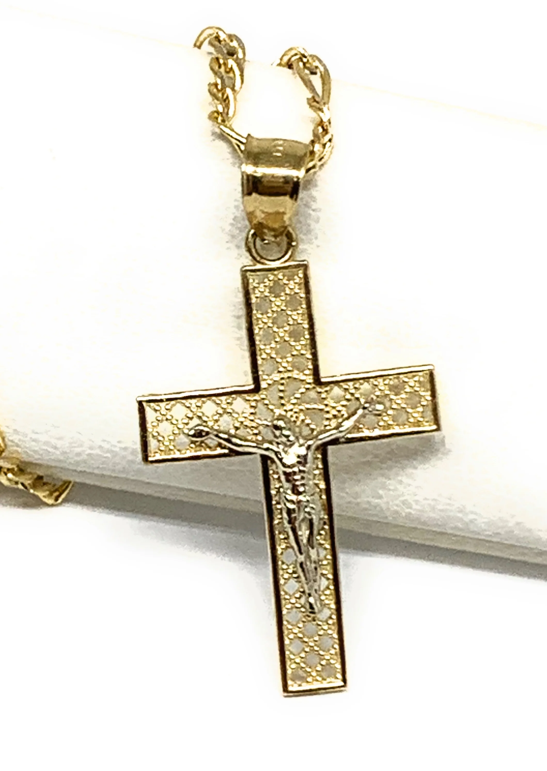 10k Solid Gold Yellow 2-Tone Jesus Layered Design SMALL Cross Crucifix Pendant Necklace - Image 3