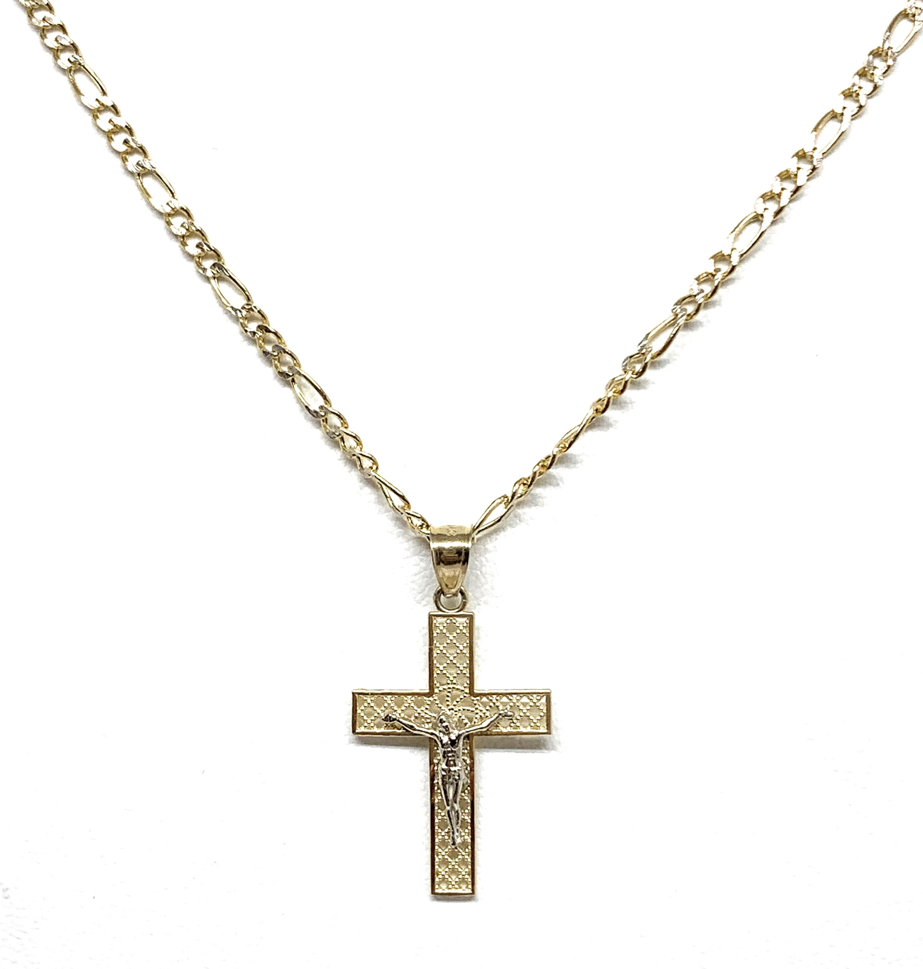 10k Solid Gold Yellow 2-Tone Jesus Layered Design SMALL Cross Crucifix Pendant Necklace - Image 5
