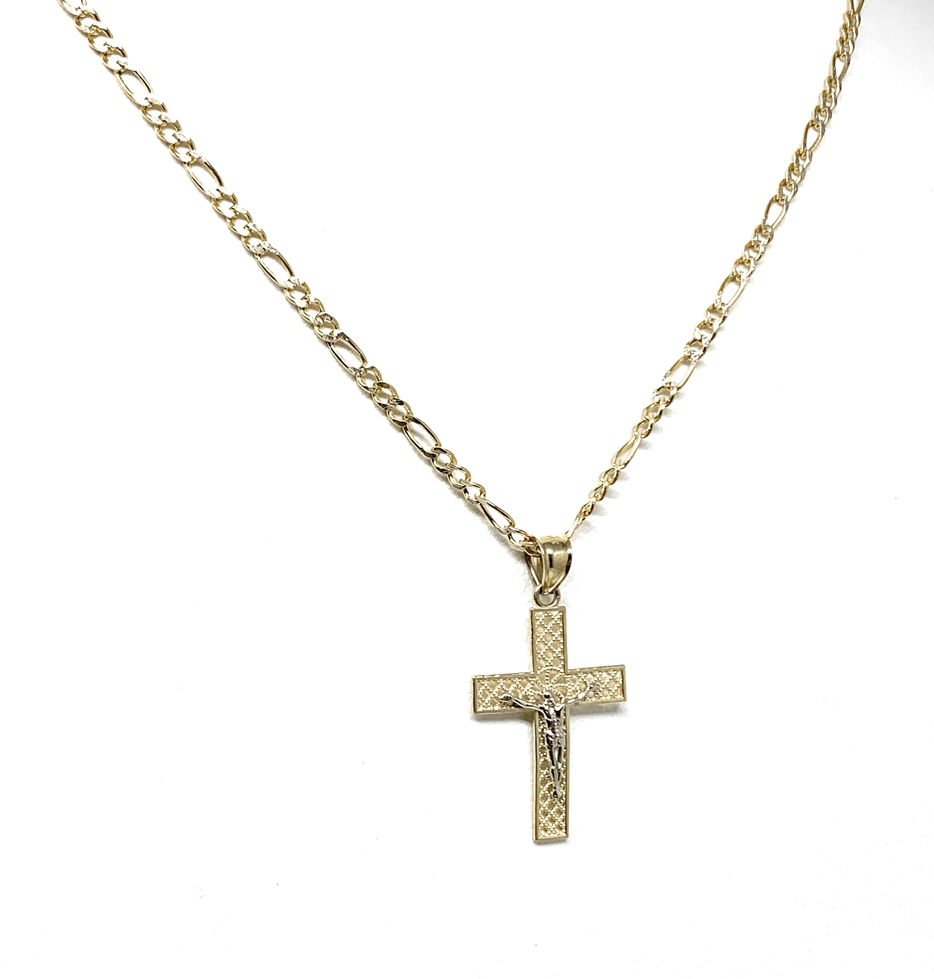 10k Solid Gold Yellow 2-Tone Jesus Layered Design SMALL Cross Crucifix Pendant Necklace - Image 6
