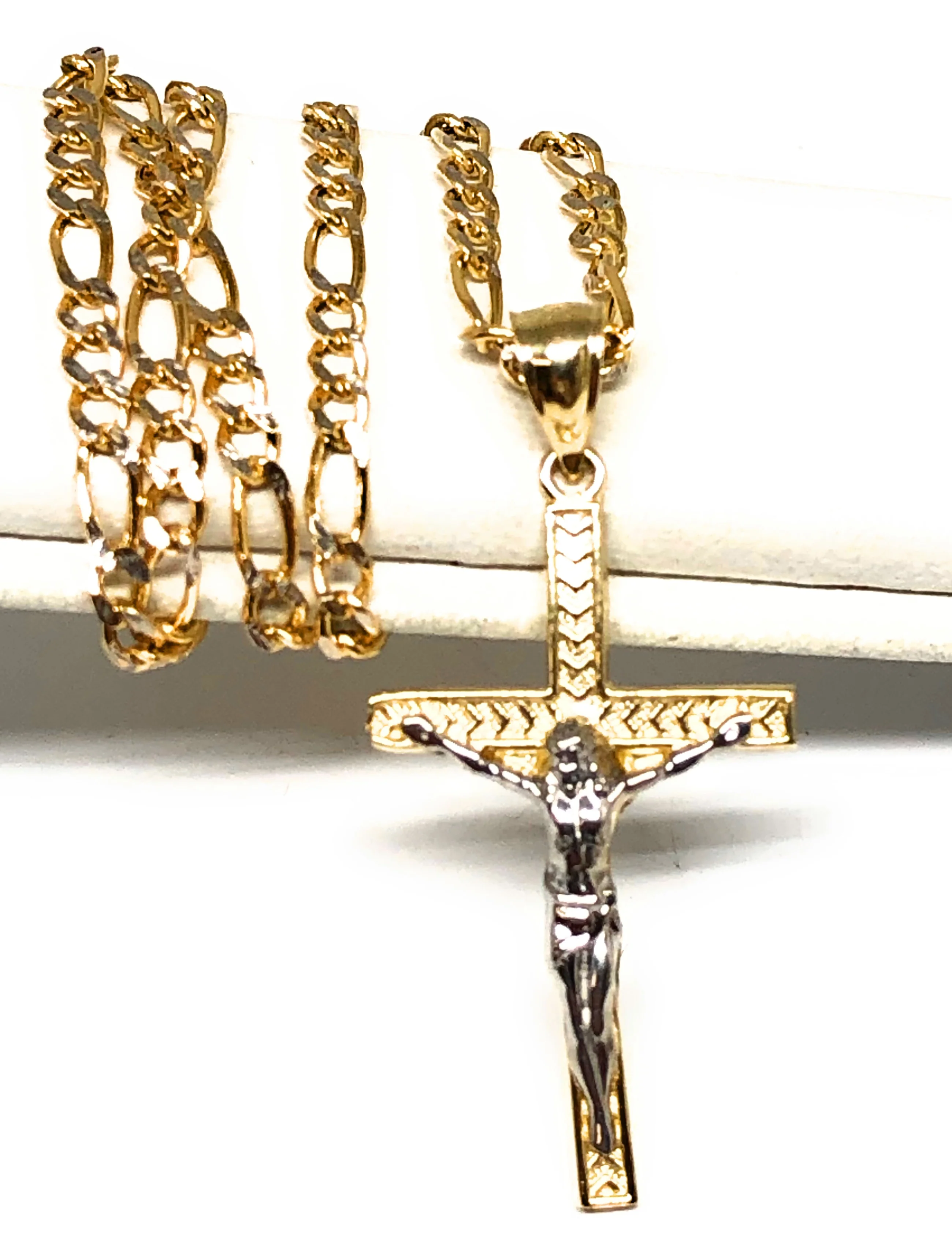 10k Solid Gold Yellow 2-Tone Jesus SMALL Cross Crucifix Pendant Necklace - Image 3