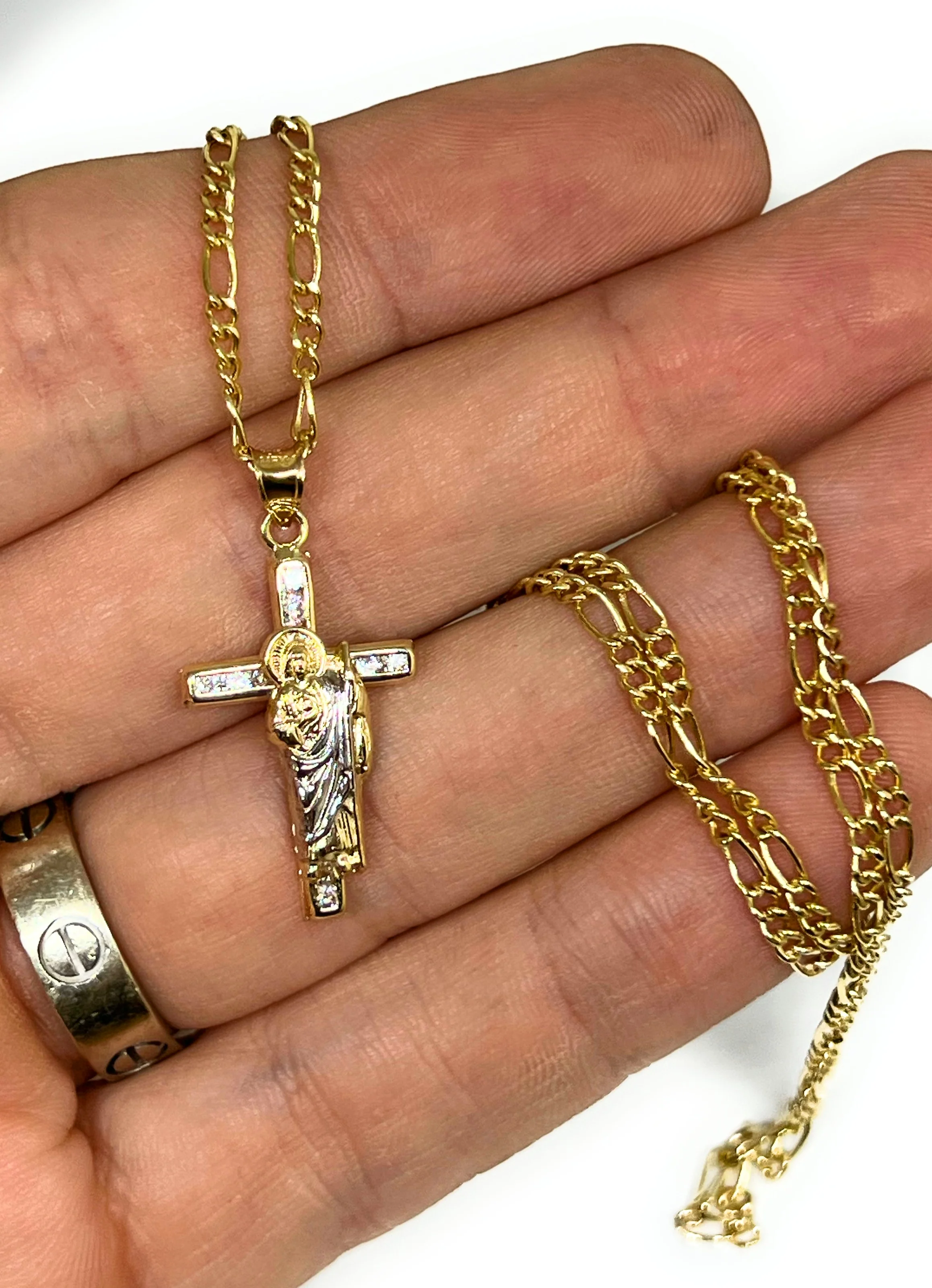 10k Solid Gold Yellow 2-Tone Saan Judas Saaint Jude CROSS Pendant Figaro Chain - Image 2