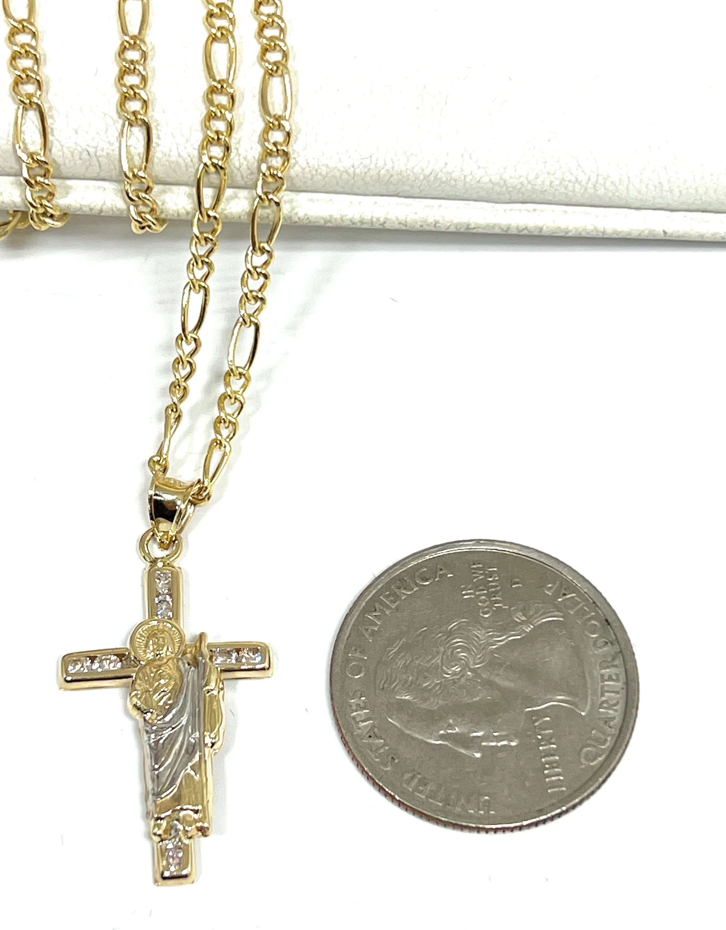 10k Solid Gold Yellow 2-Tone Saan Judas Saaint Jude CROSS Pendant Figaro Chain - Image 3