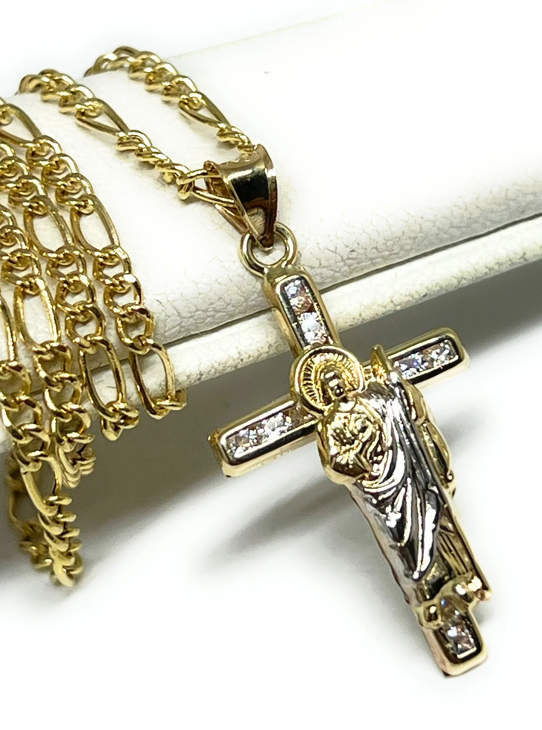 10k Solid Gold Yellow 2-Tone Saan Judas Saaint Jude CROSS Pendant Figaro Chain - Image 4