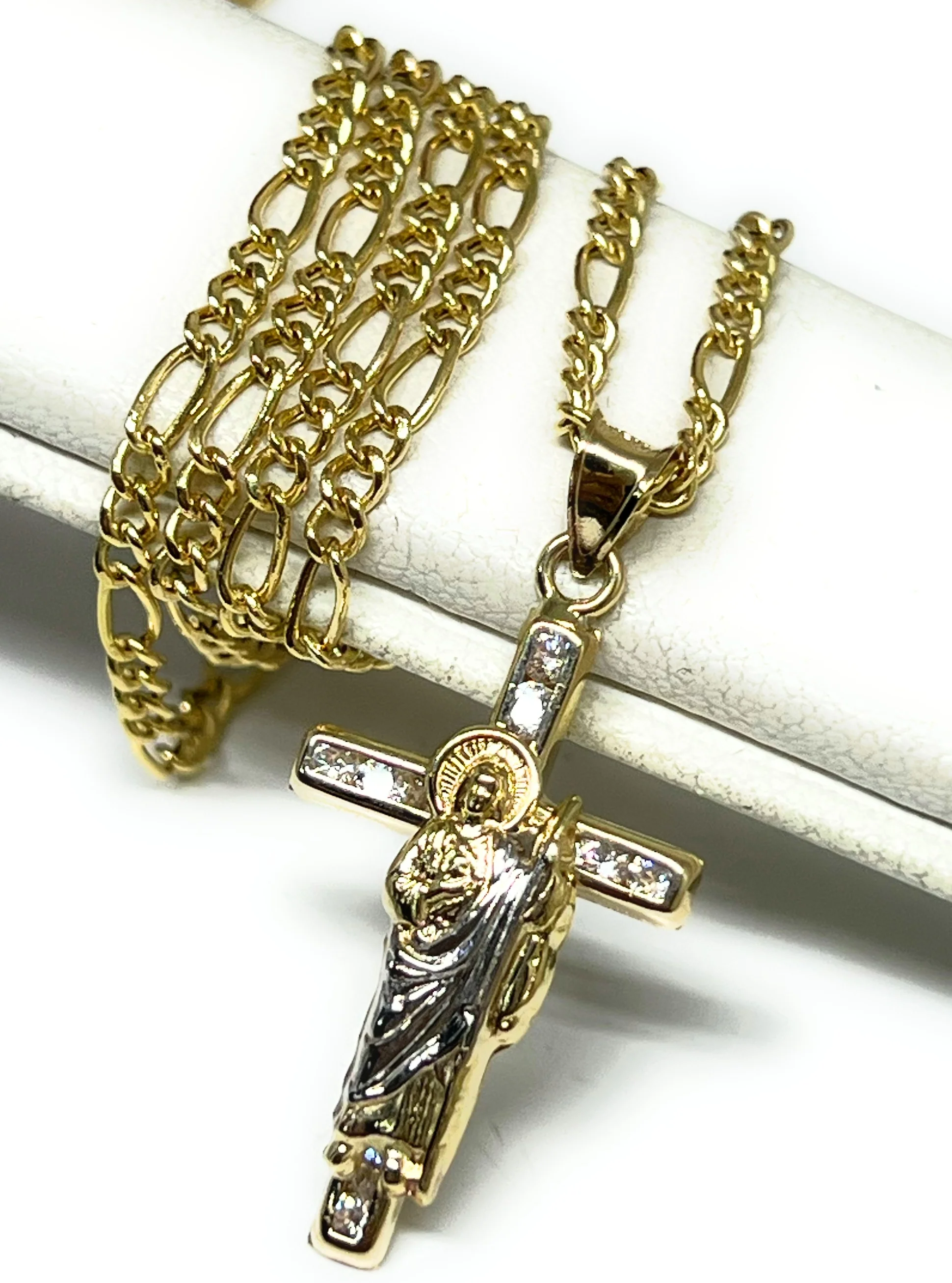 10k Solid Gold Yellow 2-Tone Saan Judas Saaint Jude CROSS Pendant Figaro Chain - Image 5