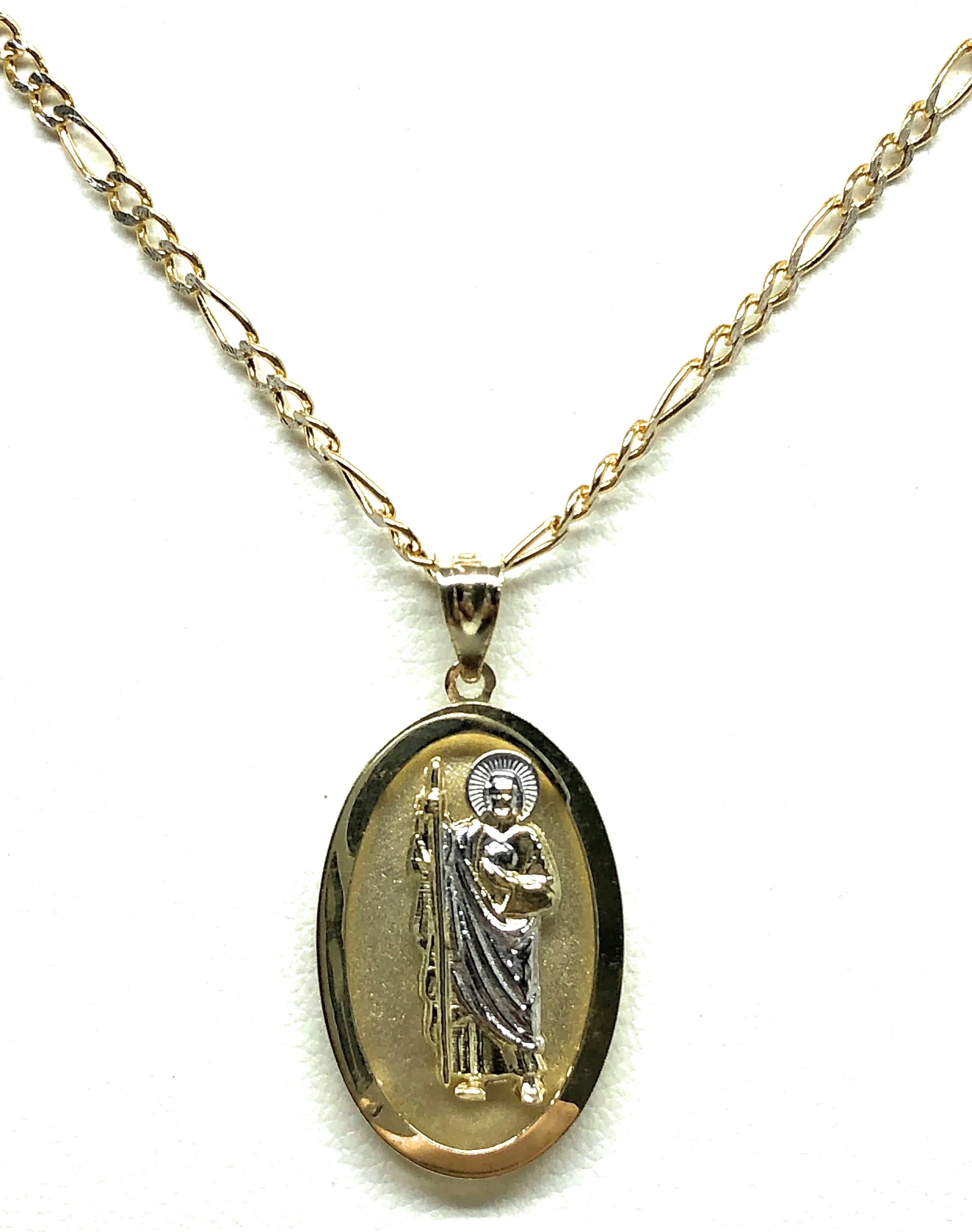 10k Solid Gold Yellow 2-Tone Saan Judas Saaint Jude Oval Pendant Figaro Chain - Image 4