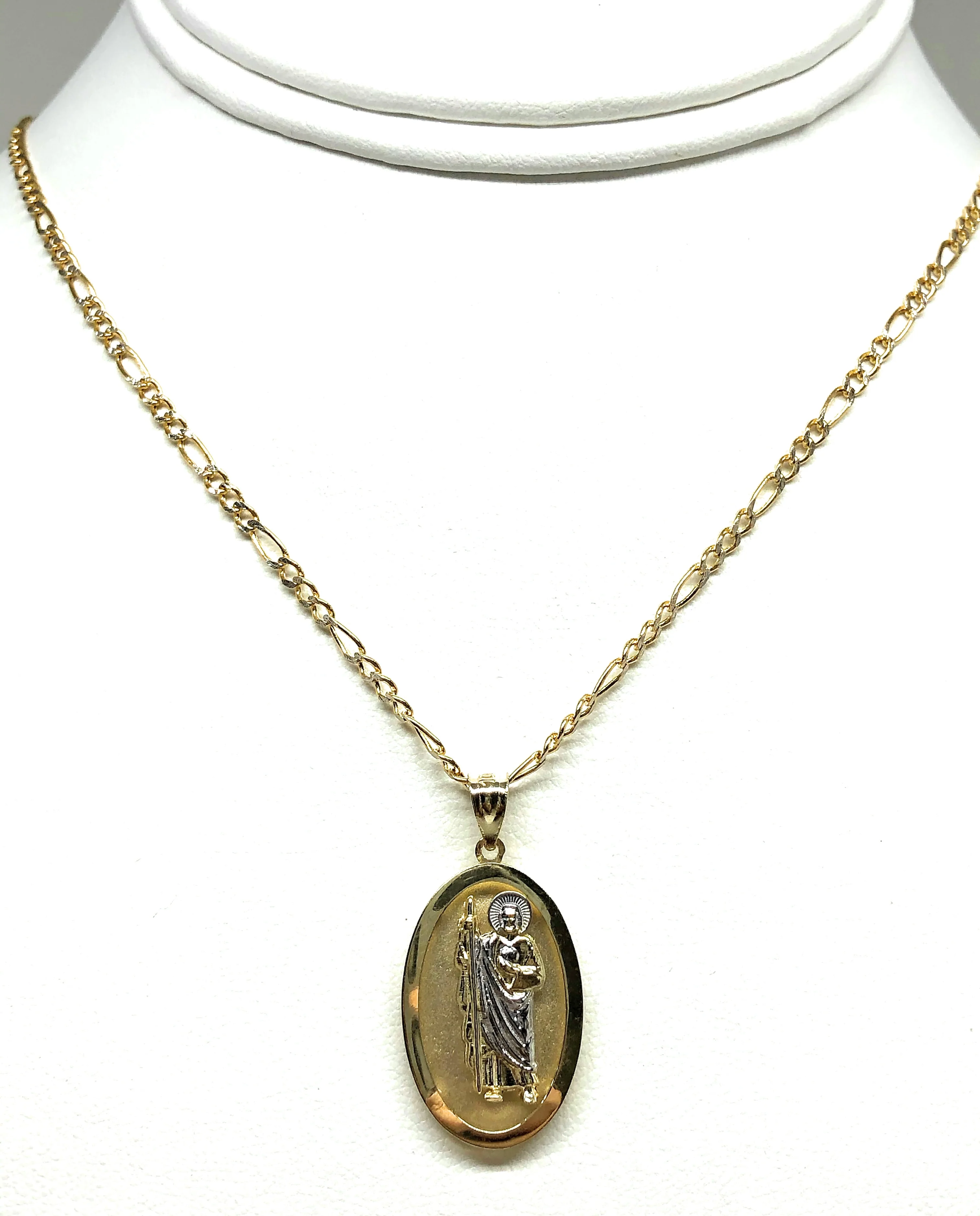 10k Solid Gold Yellow 2-Tone Saan Judas Saaint Jude Oval Pendant Figaro Chain - Image 5