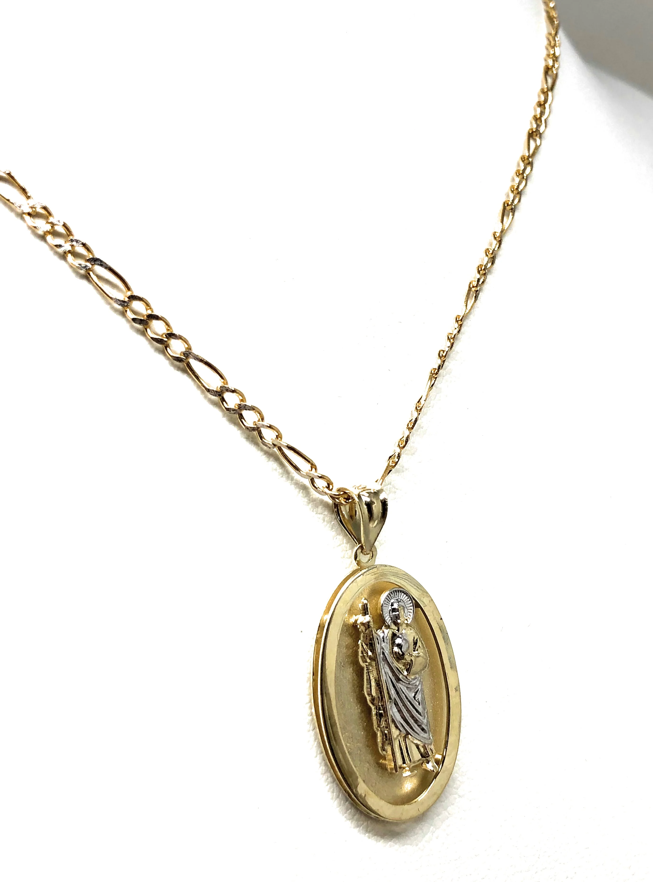 10k Solid Gold Yellow 2-Tone Saan Judas Saaint Jude Oval Pendant Figaro Chain - Image 6