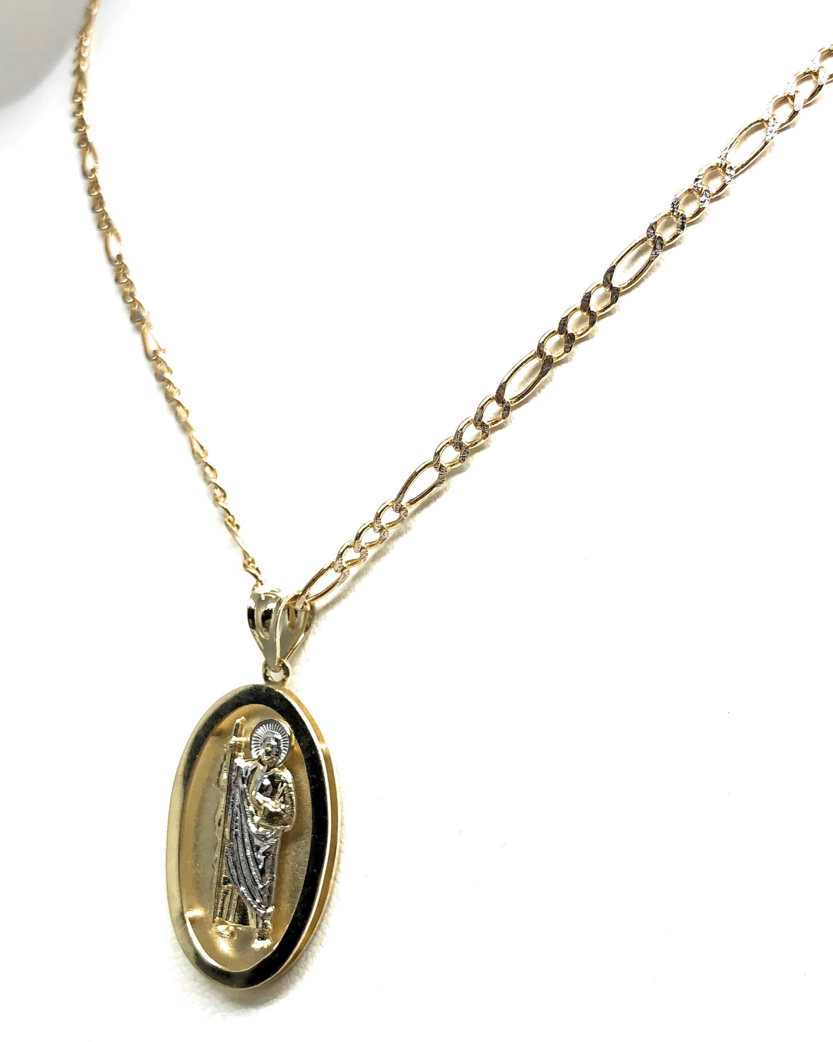 10k Solid Gold Yellow 2-Tone Saan Judas Saaint Jude Oval Pendant Figaro Chain - Image 7