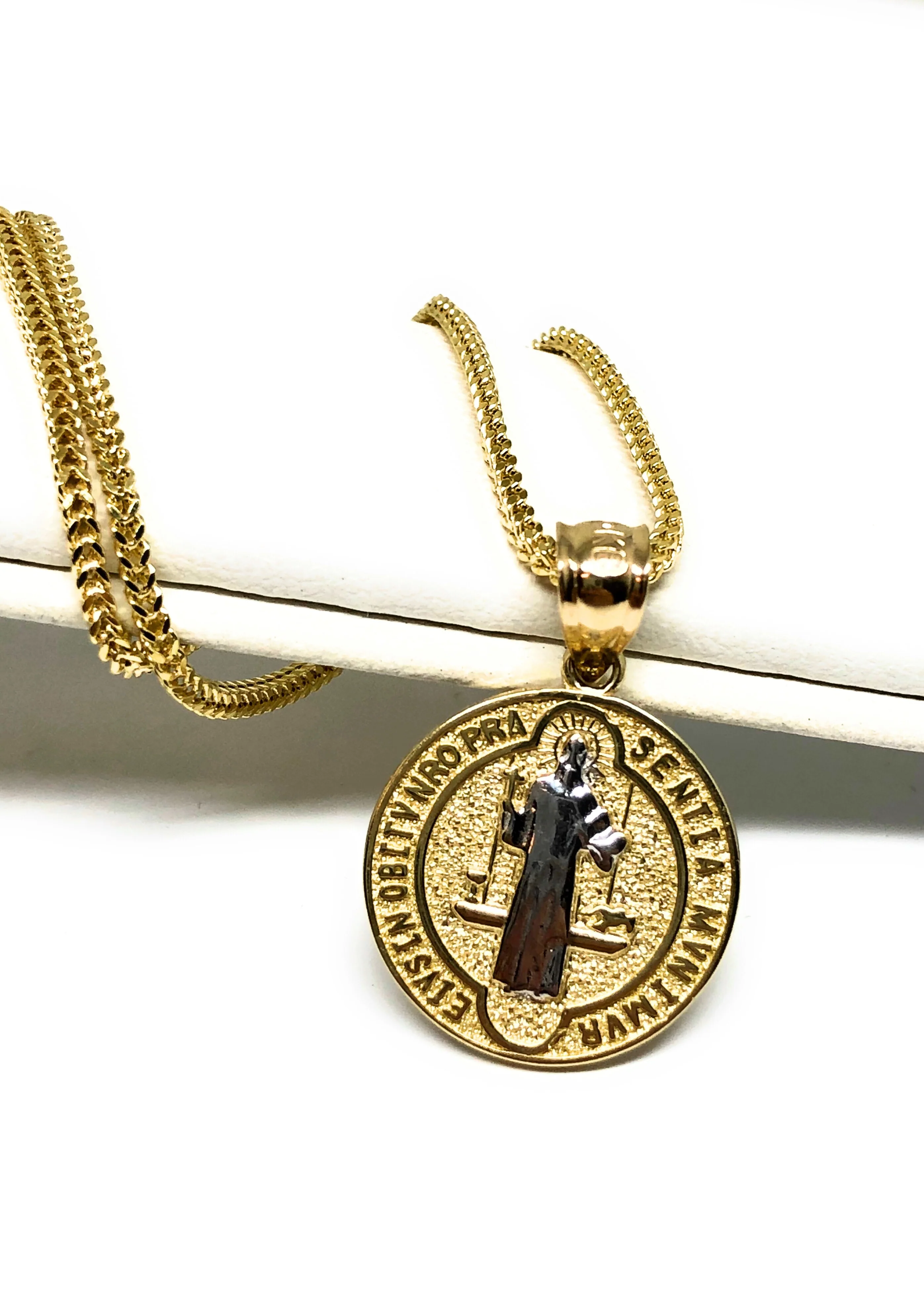 10k Solid Gold Yellow 2-Tone San Bennito Pendant Necklace with Chain - Image 4