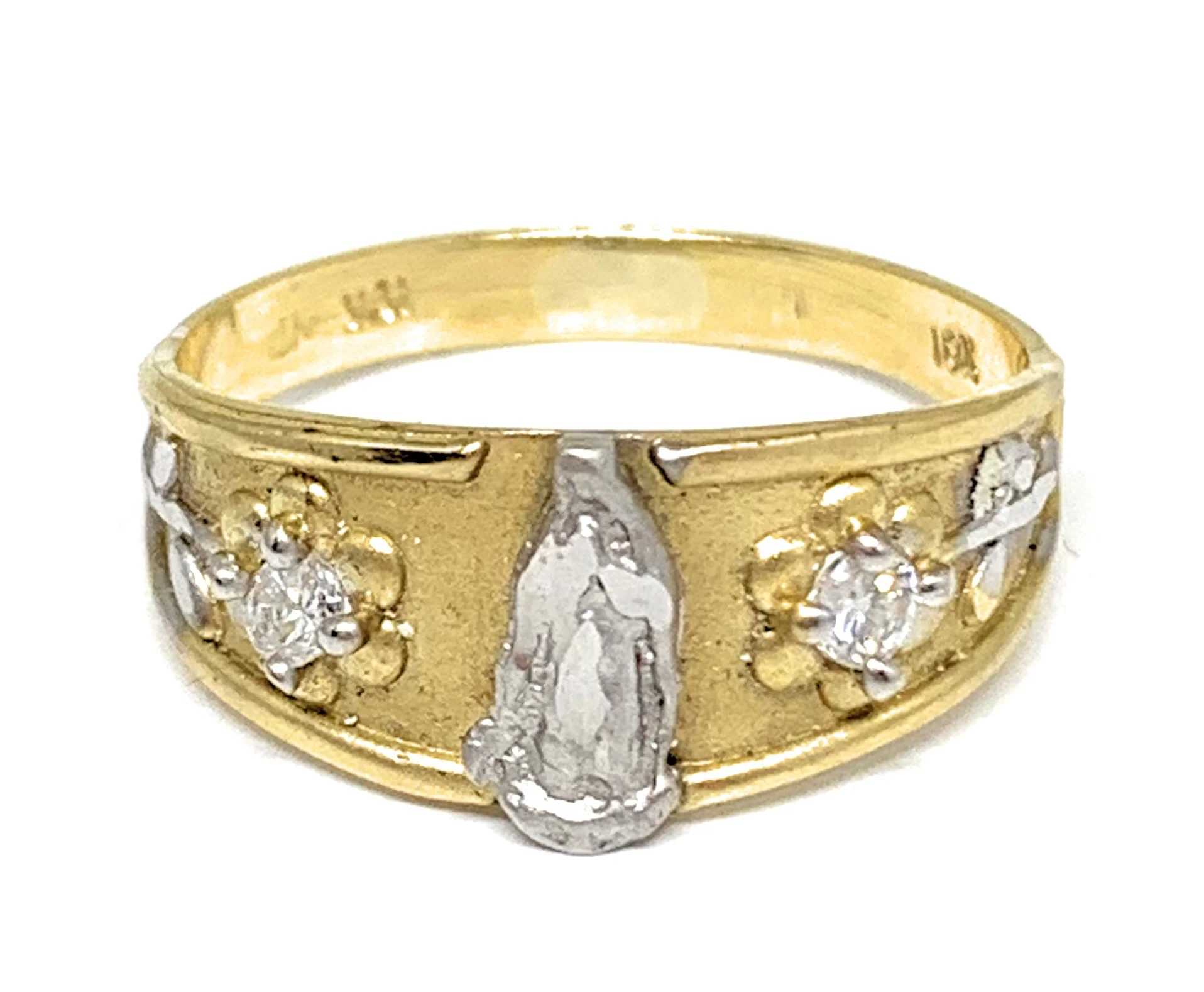 10k Solid Gold Yellow 2-Tone Virrgin Mary CZ Flower Ring