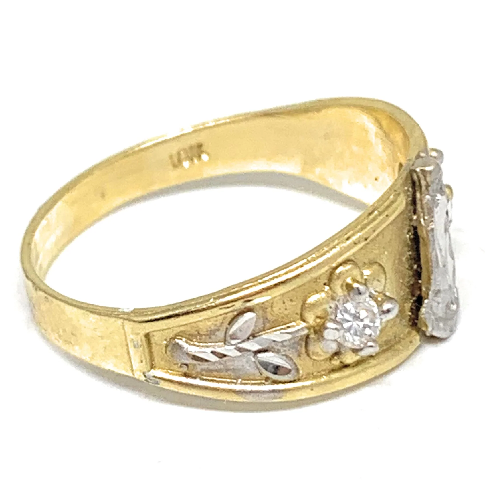 10k Solid Gold Yellow 2-Tone Virrgin Mary CZ Flower Ring - Image 2