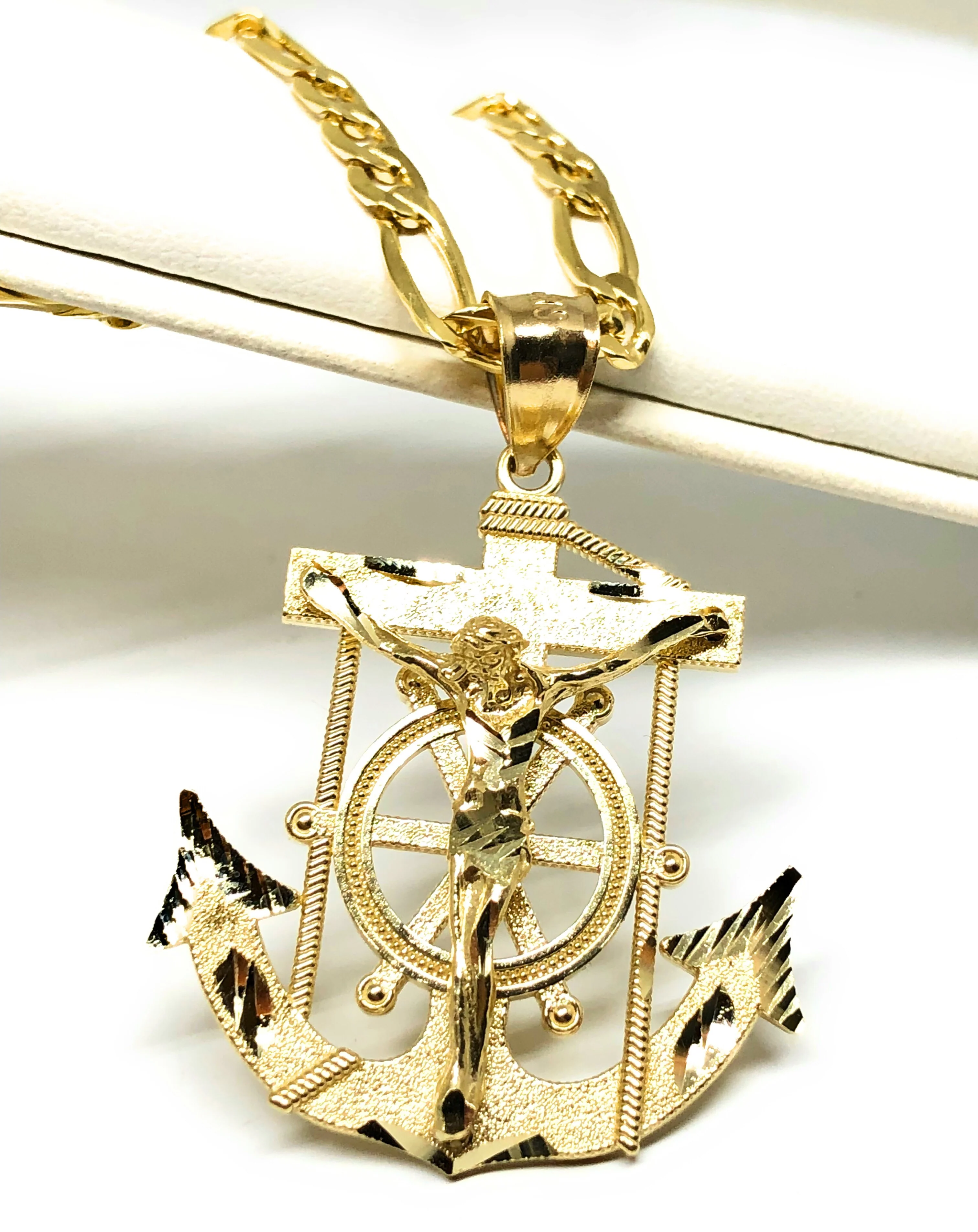 10k Solid Gold Yellow Anchor Jesus Crucifix Ancla Cristo Pendant Necklace with Chain (XS, SM,MED,LG)