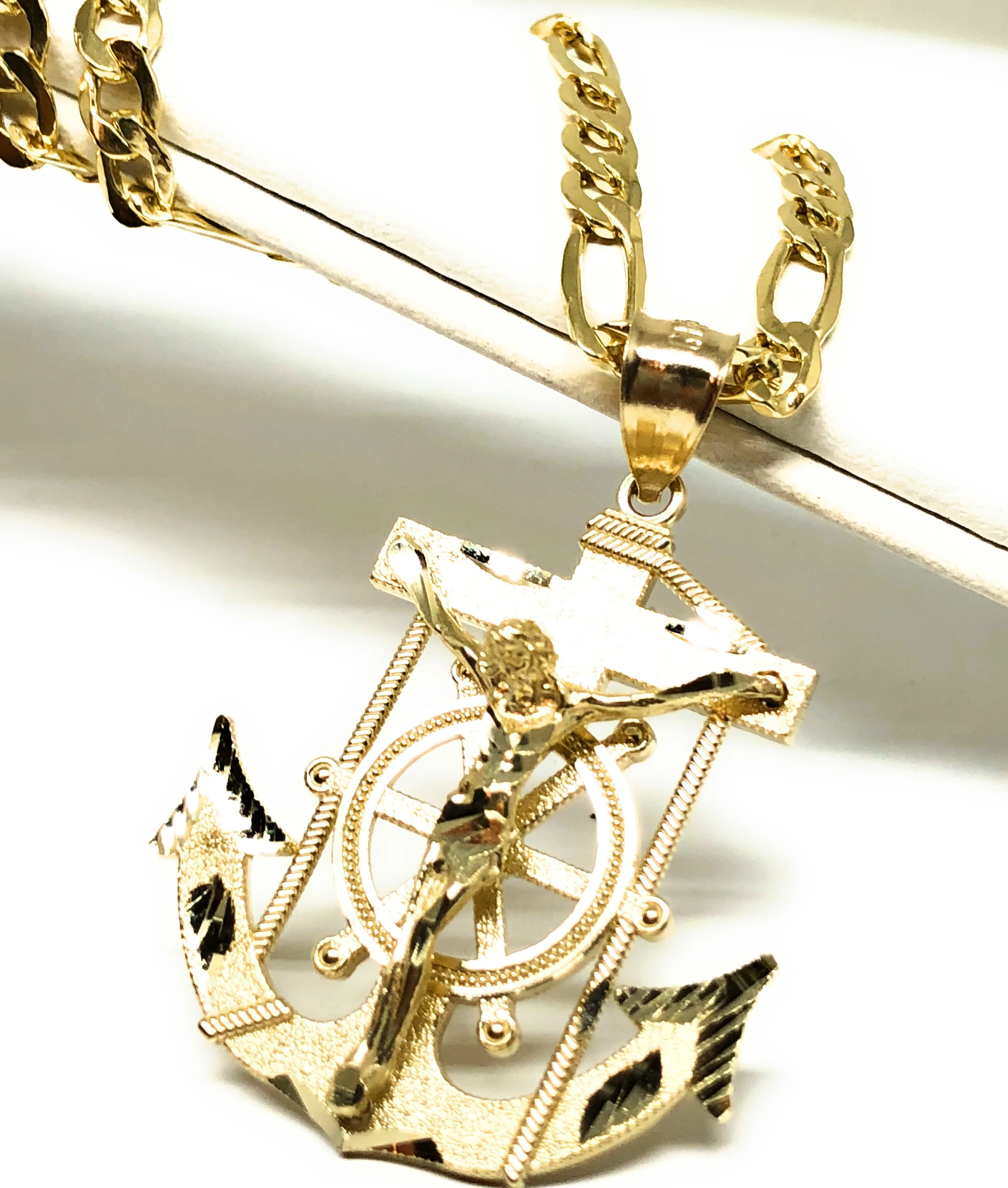 10k Solid Gold Yellow Anchor Jesus Crucifix Ancla Cristo Pendant Necklace with Chain (XS, SM,MED,LG) - Image 6