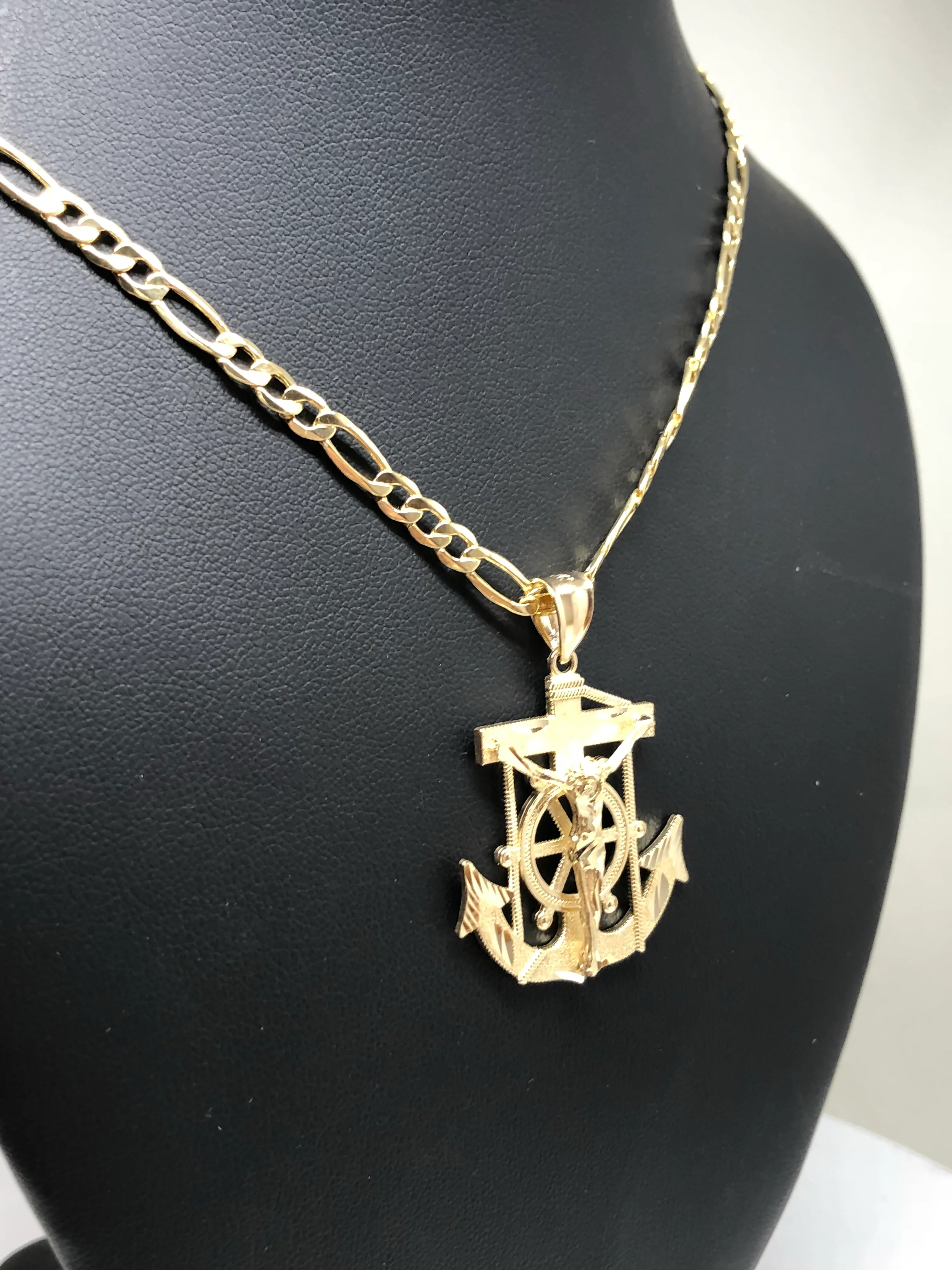 10k Solid Gold Yellow Anchor Jesus Crucifix Ancla Cristo Pendant Necklace with Chain (XS, SM,MED,LG) - Image 9