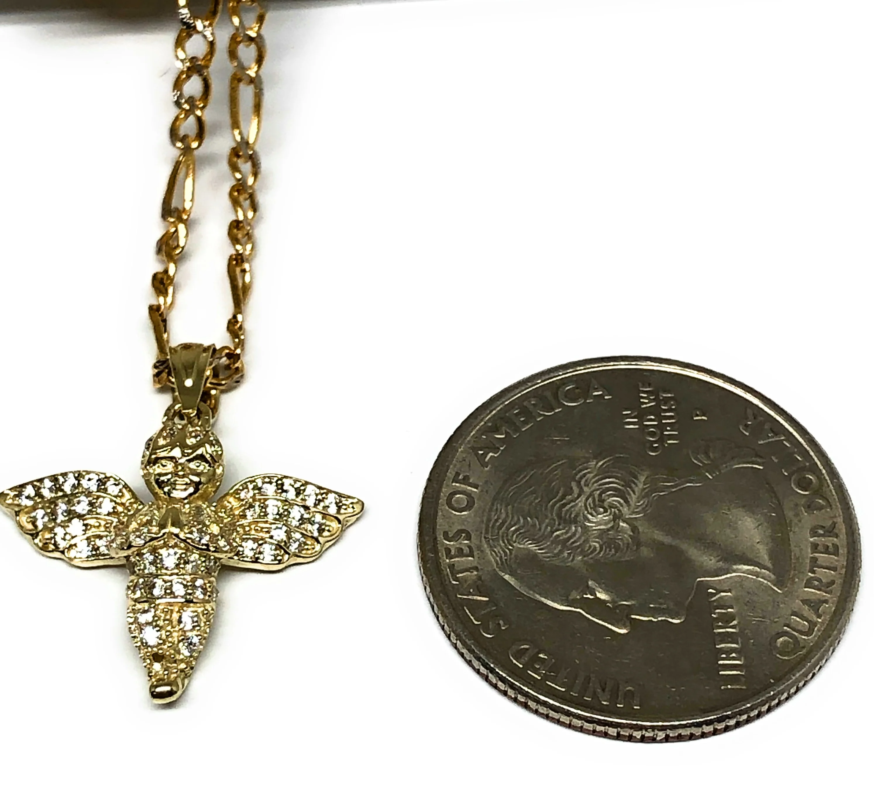 10k Solid Gold Yellow Angel CZ Mini Iced Pendant Necklace - Image 2