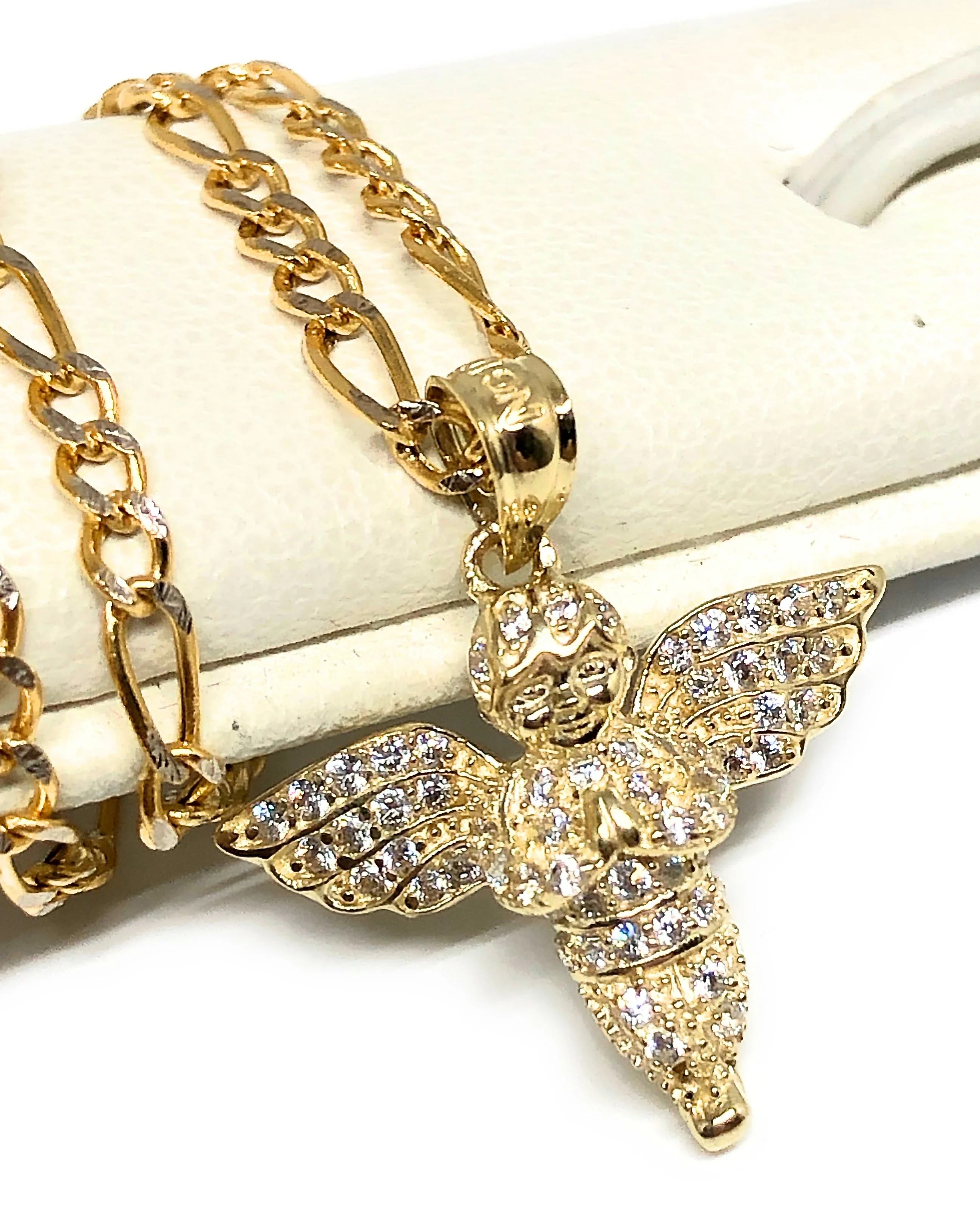10k Solid Gold Yellow Angel CZ Mini Iced Pendant Necklace - Image 3
