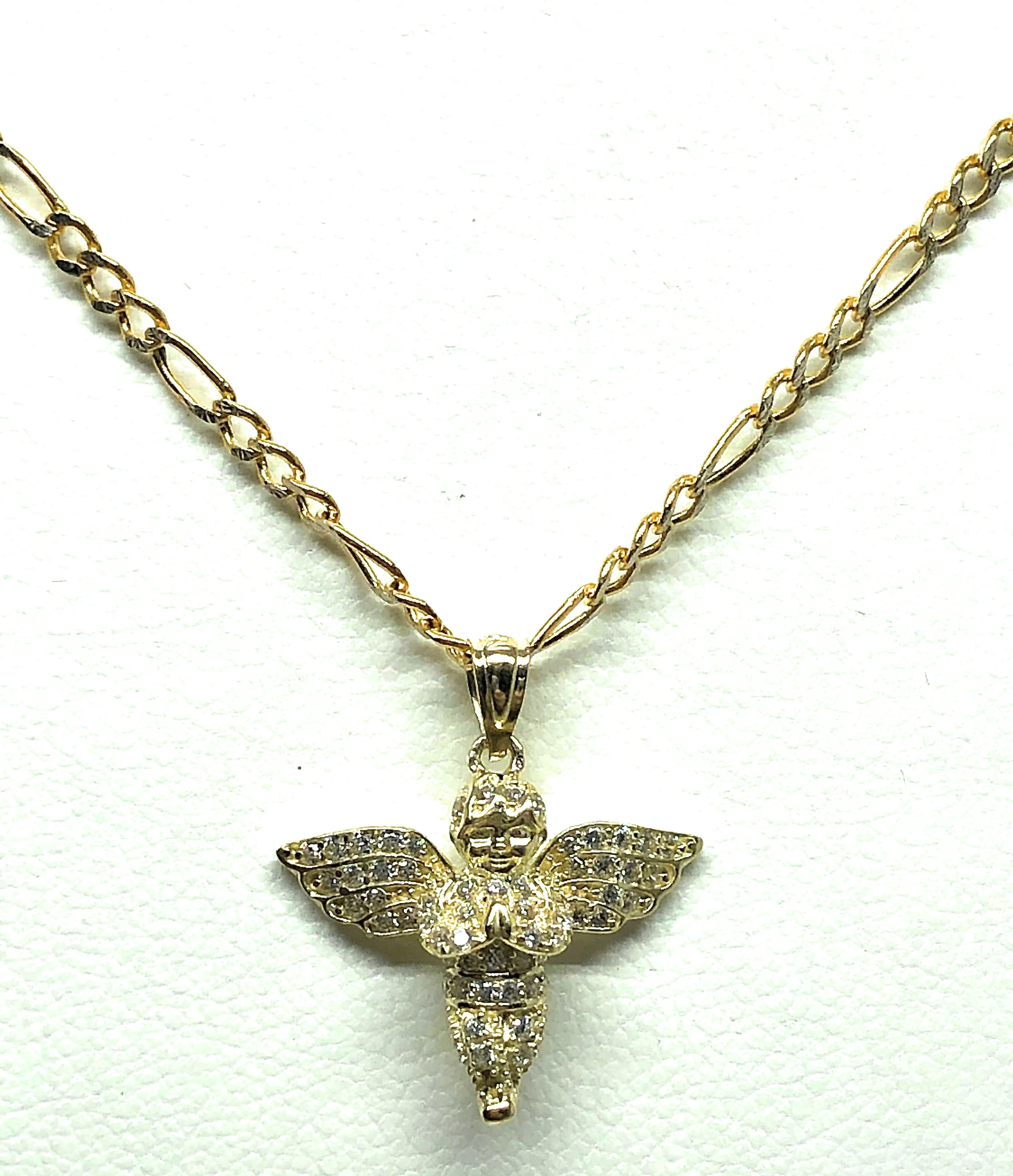 10k Solid Gold Yellow Angel CZ Mini Iced Pendant Necklace - Image 4