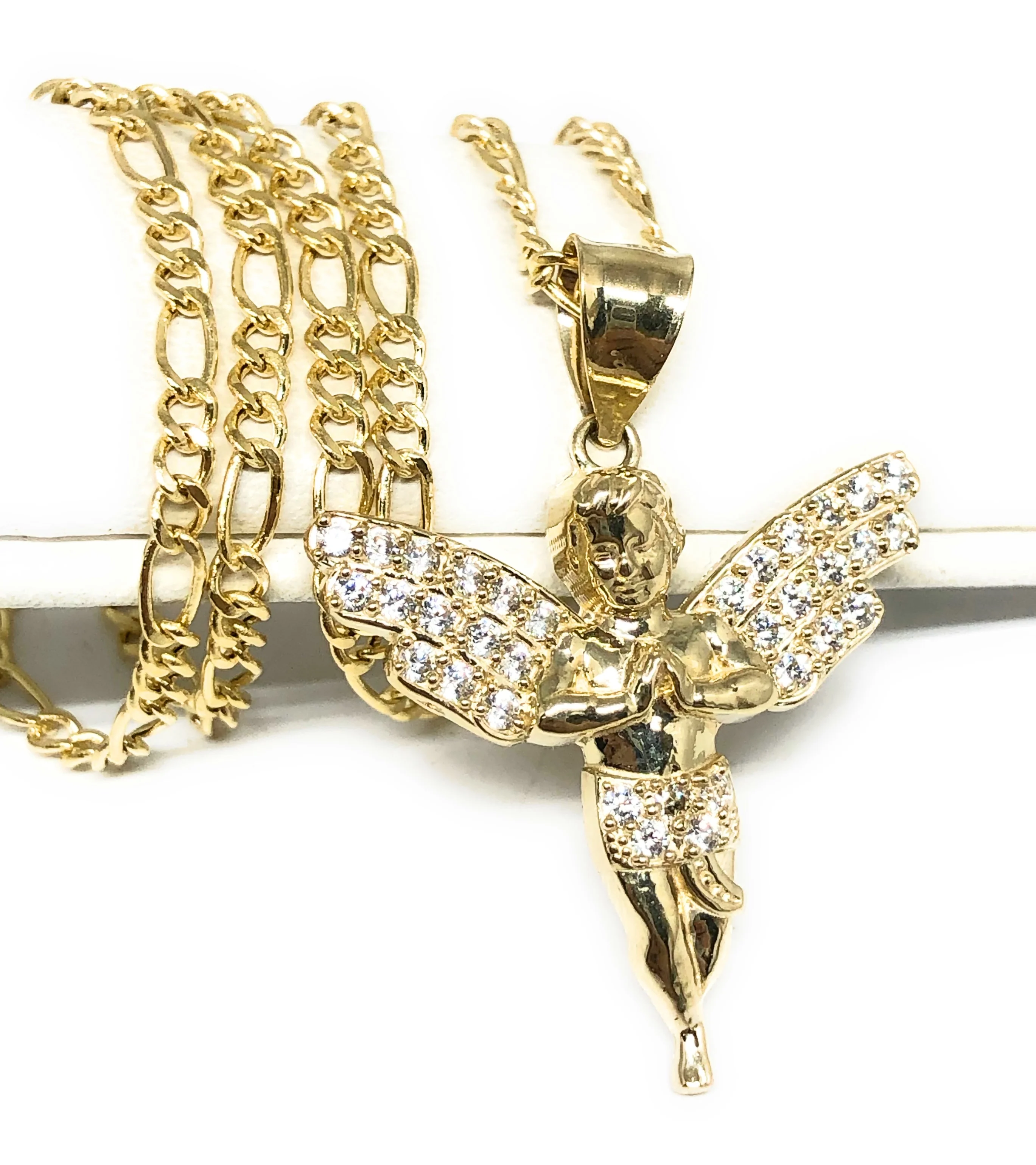 10k Solid Gold Yellow Angel Cubic Zirconia Pendant Necklace