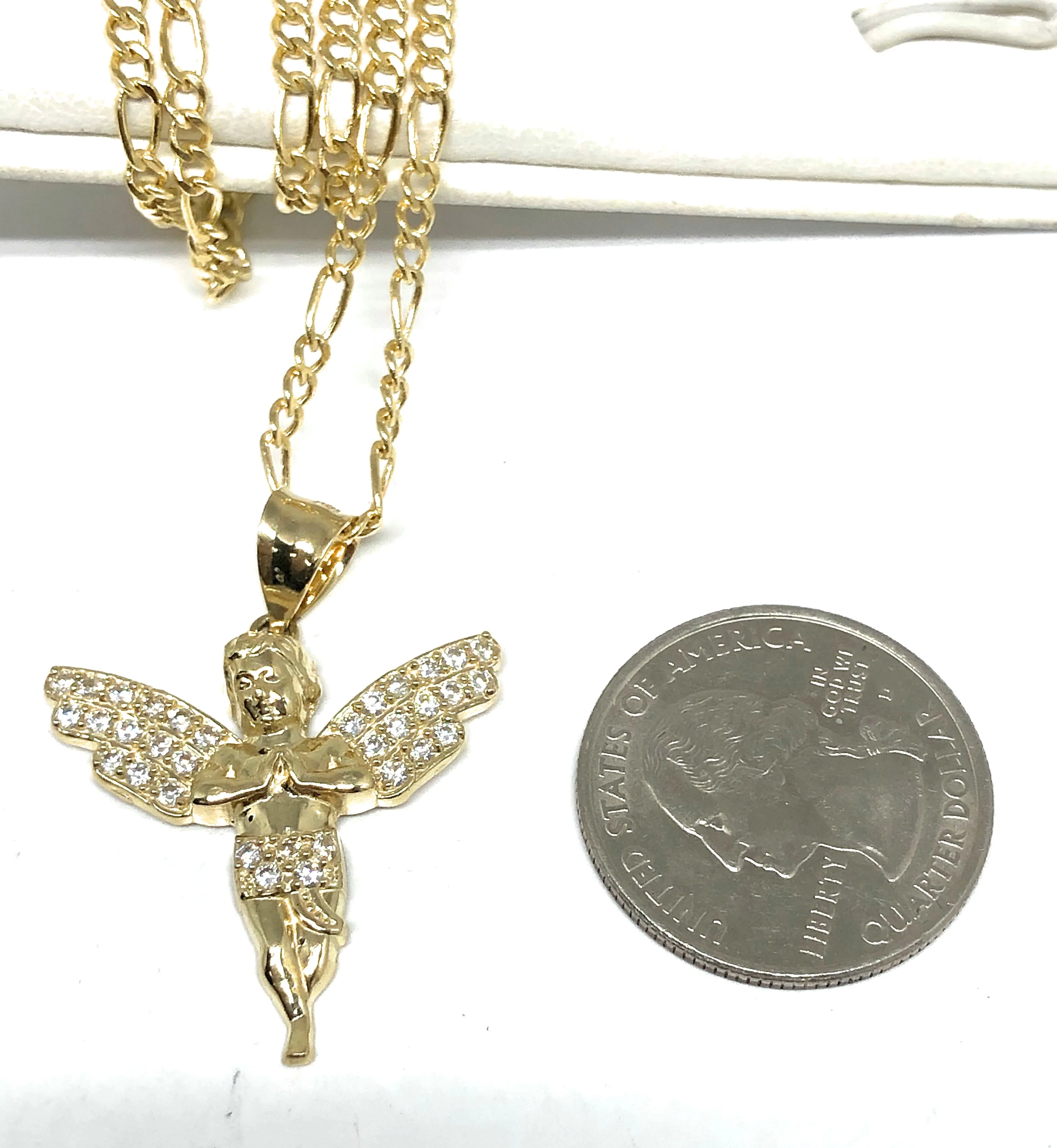 10k Solid Gold Yellow Angel Cubic Zirconia Pendant Necklace - Image 2