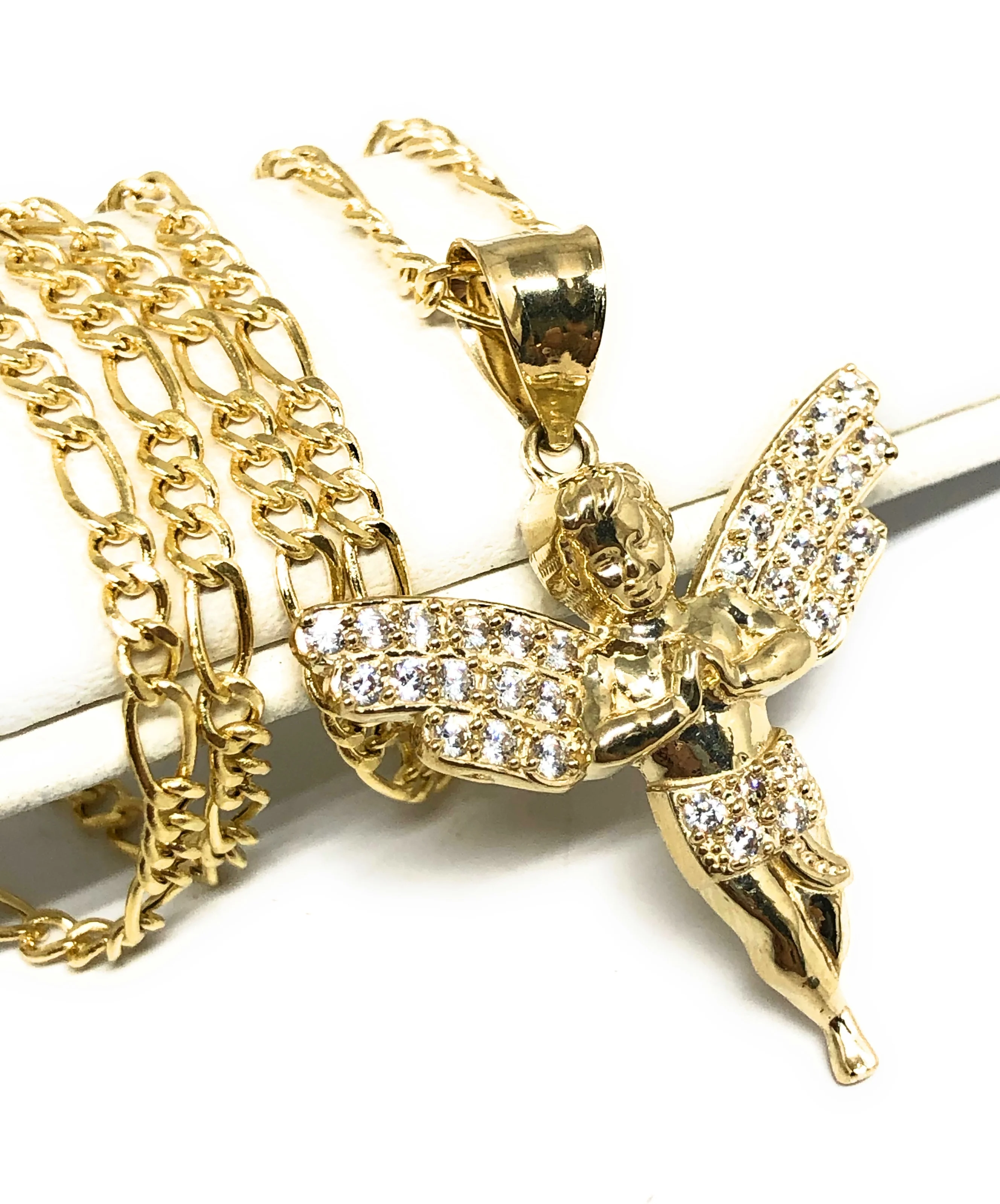 10k Solid Gold Yellow Angel Cubic Zirconia Pendant Necklace - Image 3