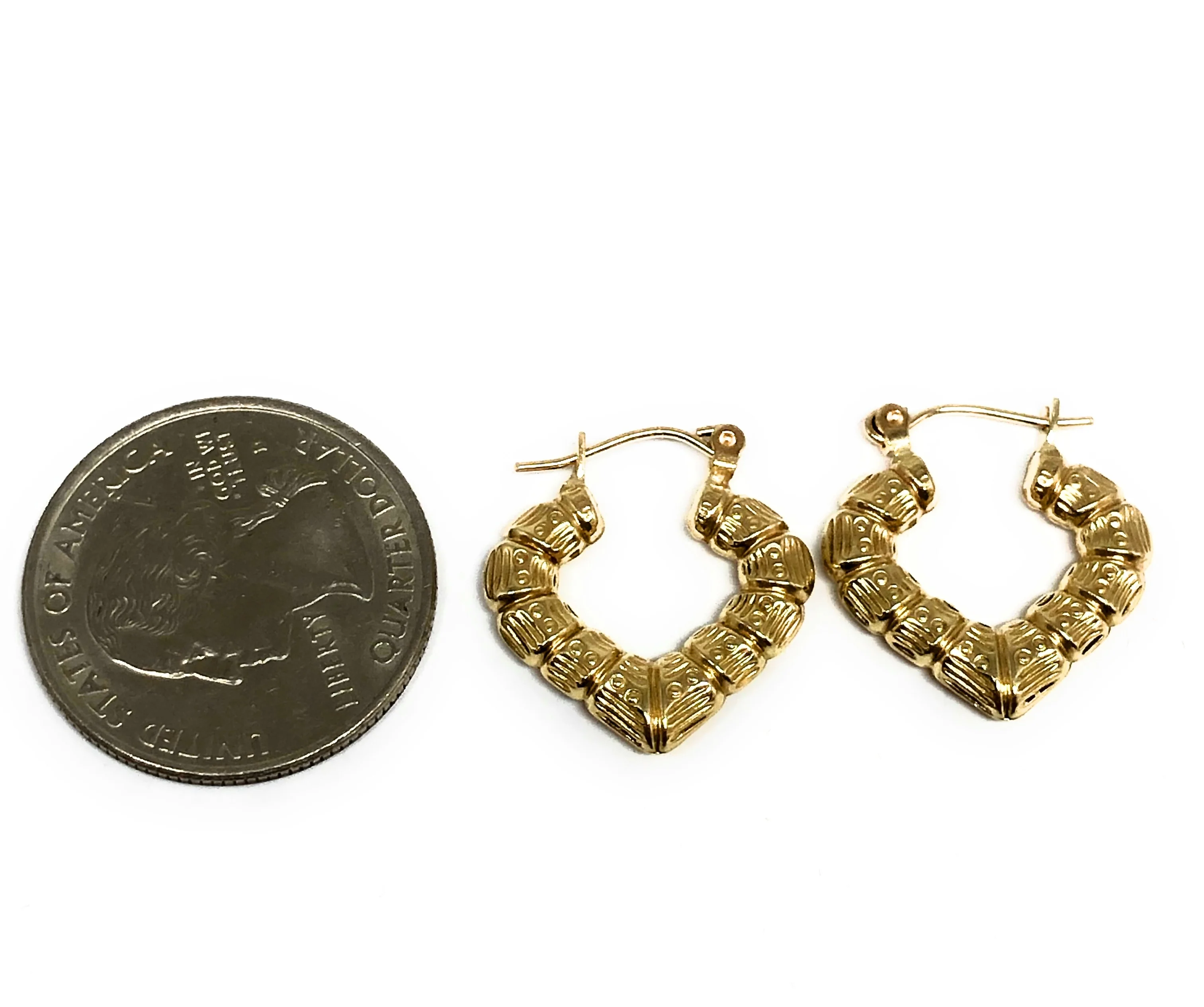 10k Solid Gold Yellow Bamboo Heart Hoop Earrings 0.5 INCH Arracadas - Image 2
