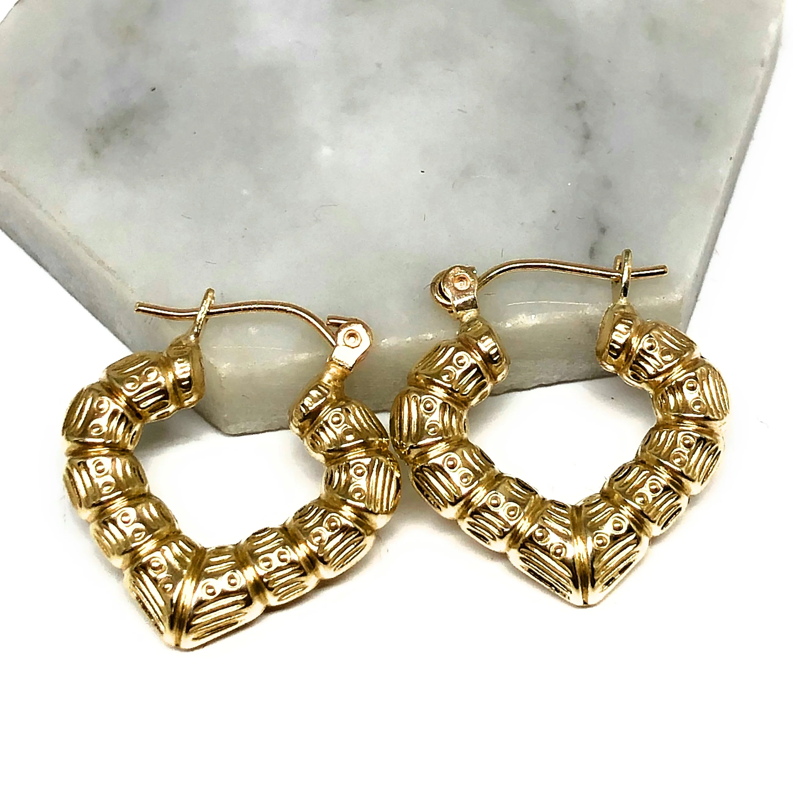 10k Solid Gold Yellow Bamboo Heart Hoop Earrings 0.5 INCH Arracadas - Image 3
