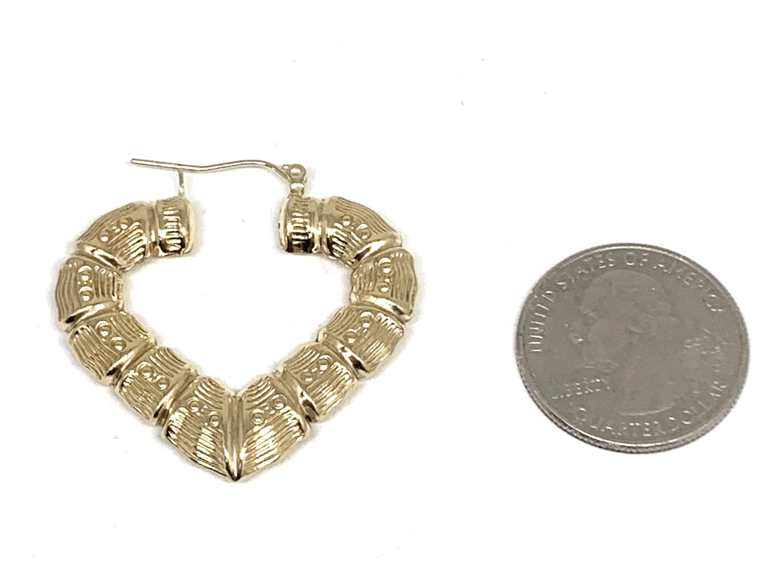 10k Solid Gold Yellow Bamboo Heart Hoop Earrings 1.5 INCH Arracadas - Image 2