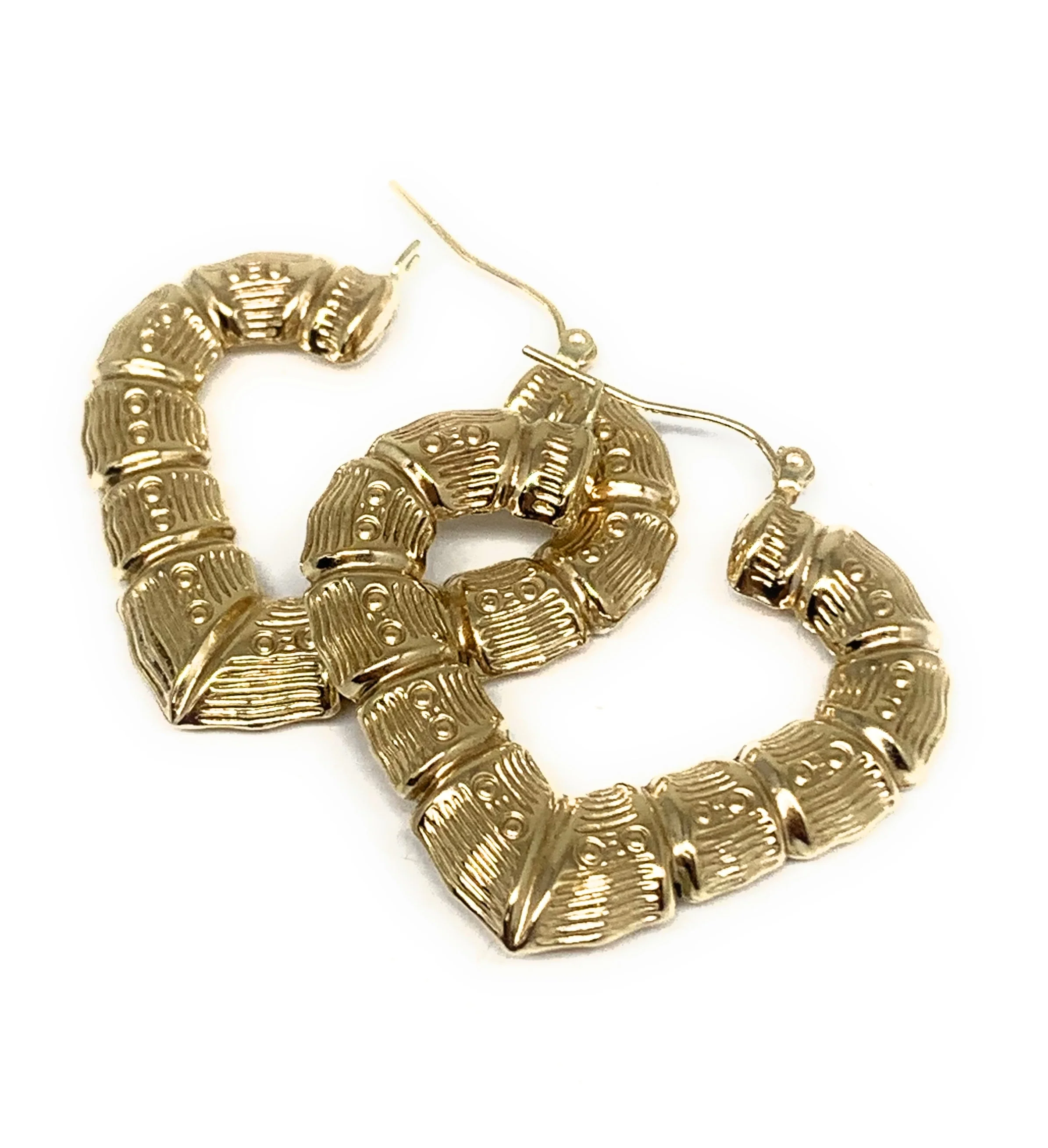 10k Solid Gold Yellow Bamboo Heart Hoop Earrings 1.5 INCH Arracadas - Image 3