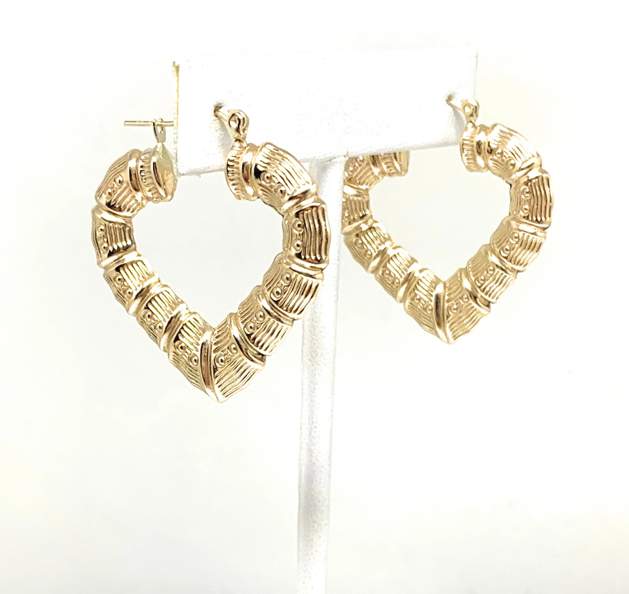 10k Solid Gold Yellow Bamboo Heart Hoop Earrings 1.5 INCH Arracadas - Image 4