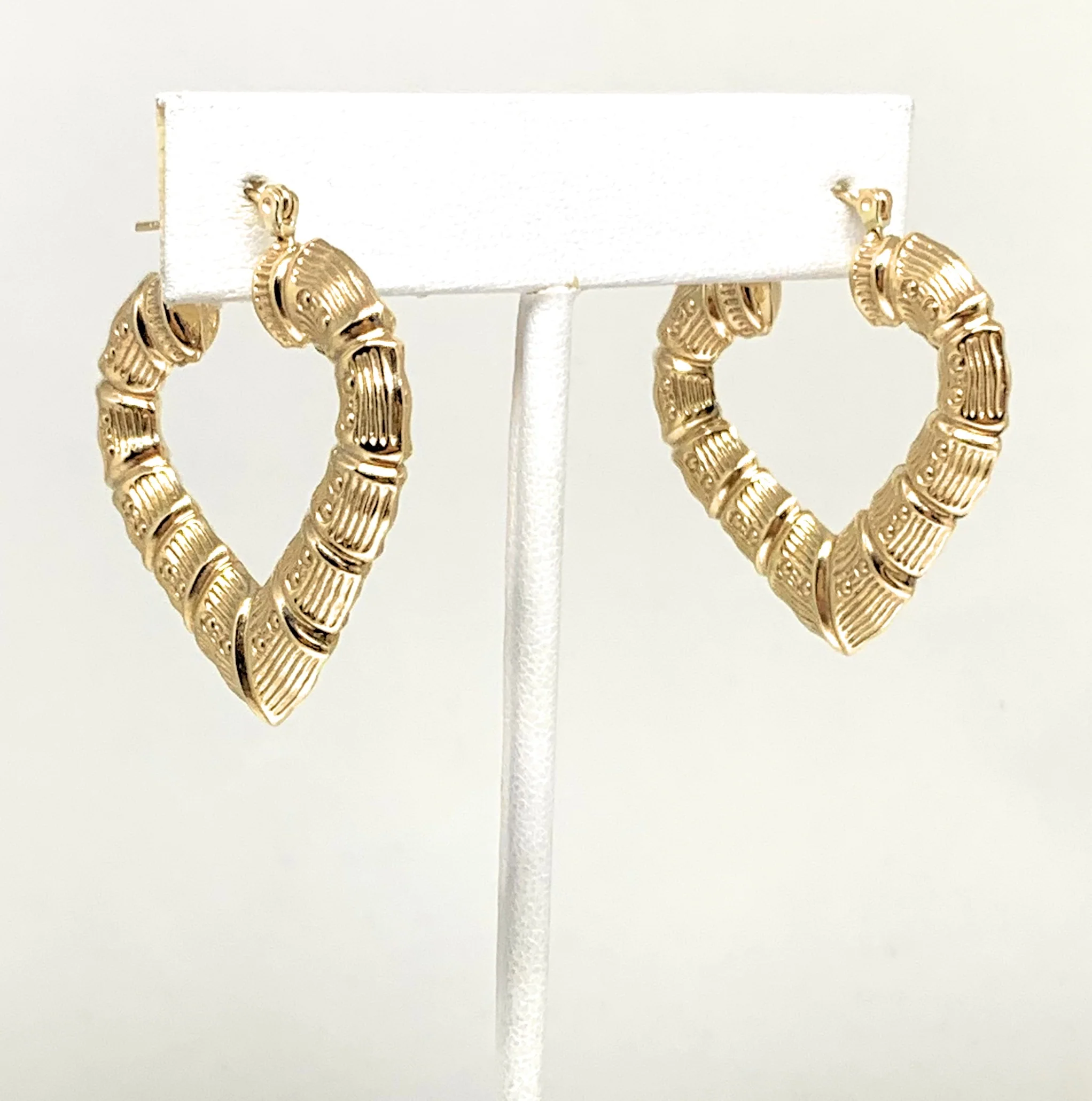 10k Solid Gold Yellow Bamboo Heart Hoop Earrings 1.5 INCH Arracadas - Image 5