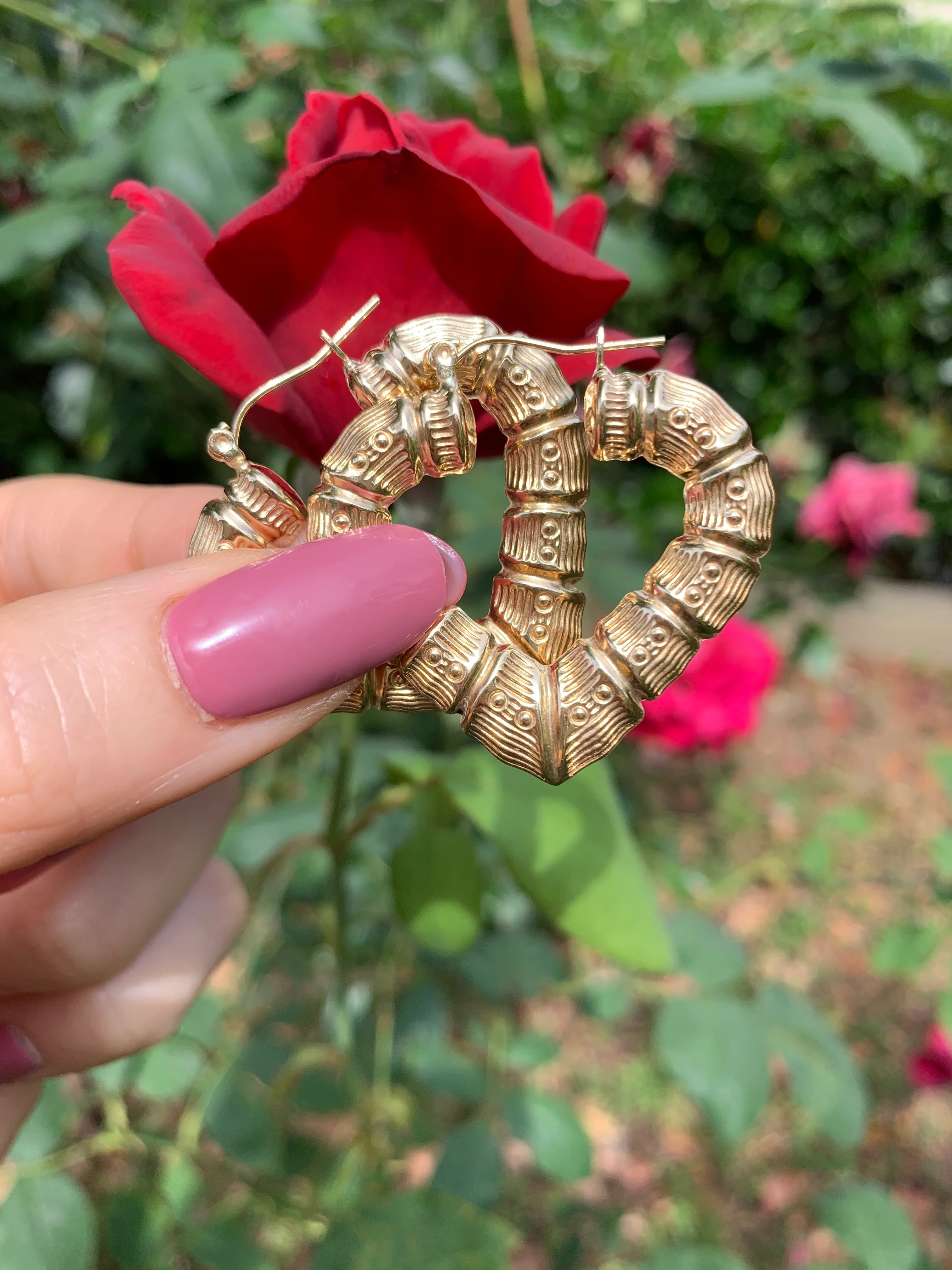 10k Solid Gold Yellow Bamboo Heart Hoop Earrings 1.5 INCH Arracadas - Image 6